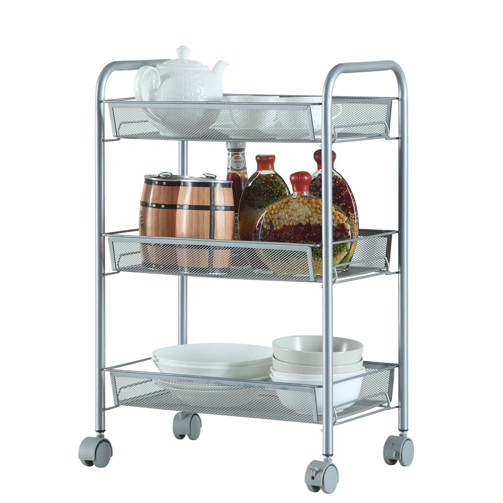 Honeycomb Mesh Storage Cart - 3 Layer Removable Trolley Bin Silver