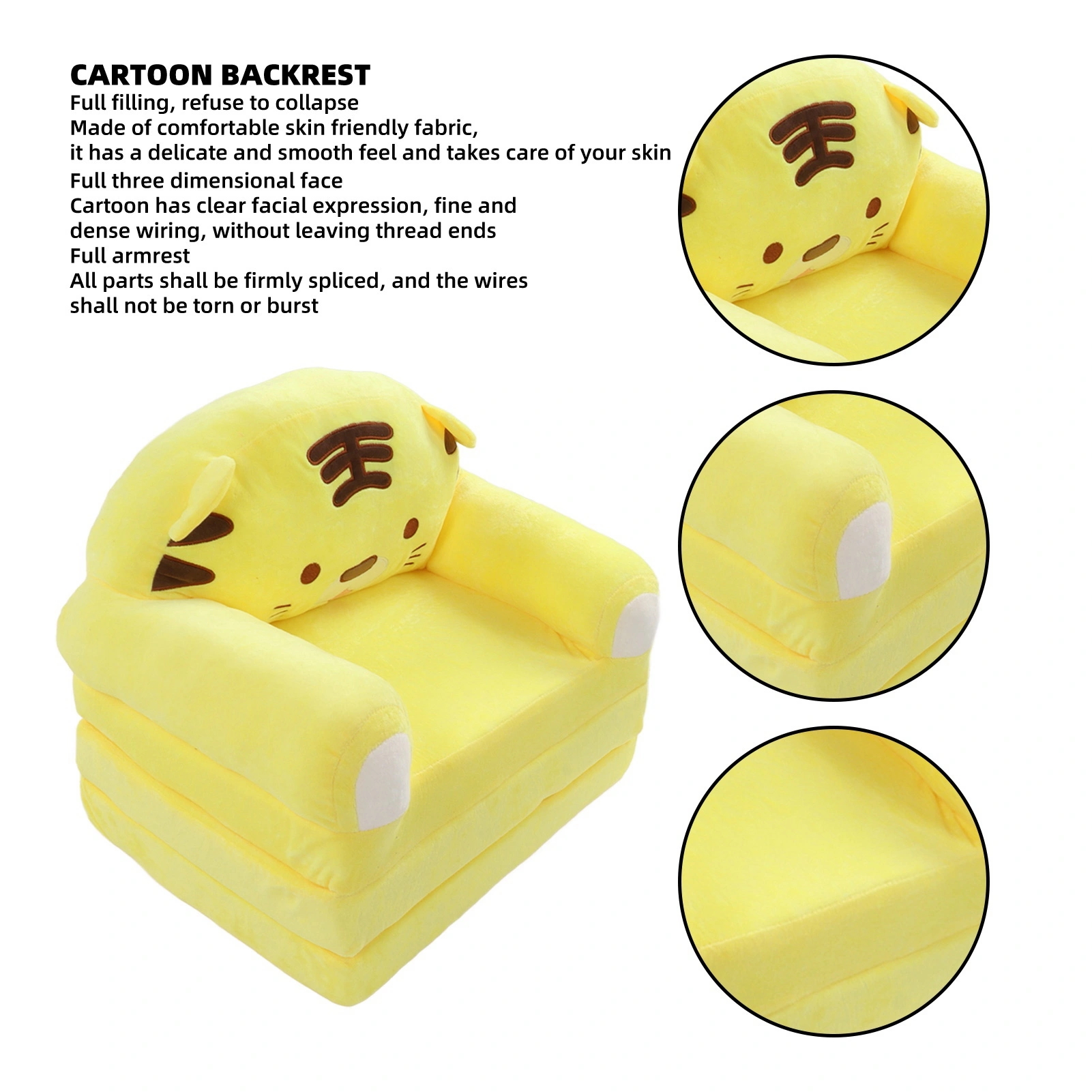 Cute Cartoon Foldable Kids Sofa Bed, 2 in 1 Backrest Armchair Children Folding Couch with Armrests, Yellow Kids Sofa for Living Room Bedroom view 2