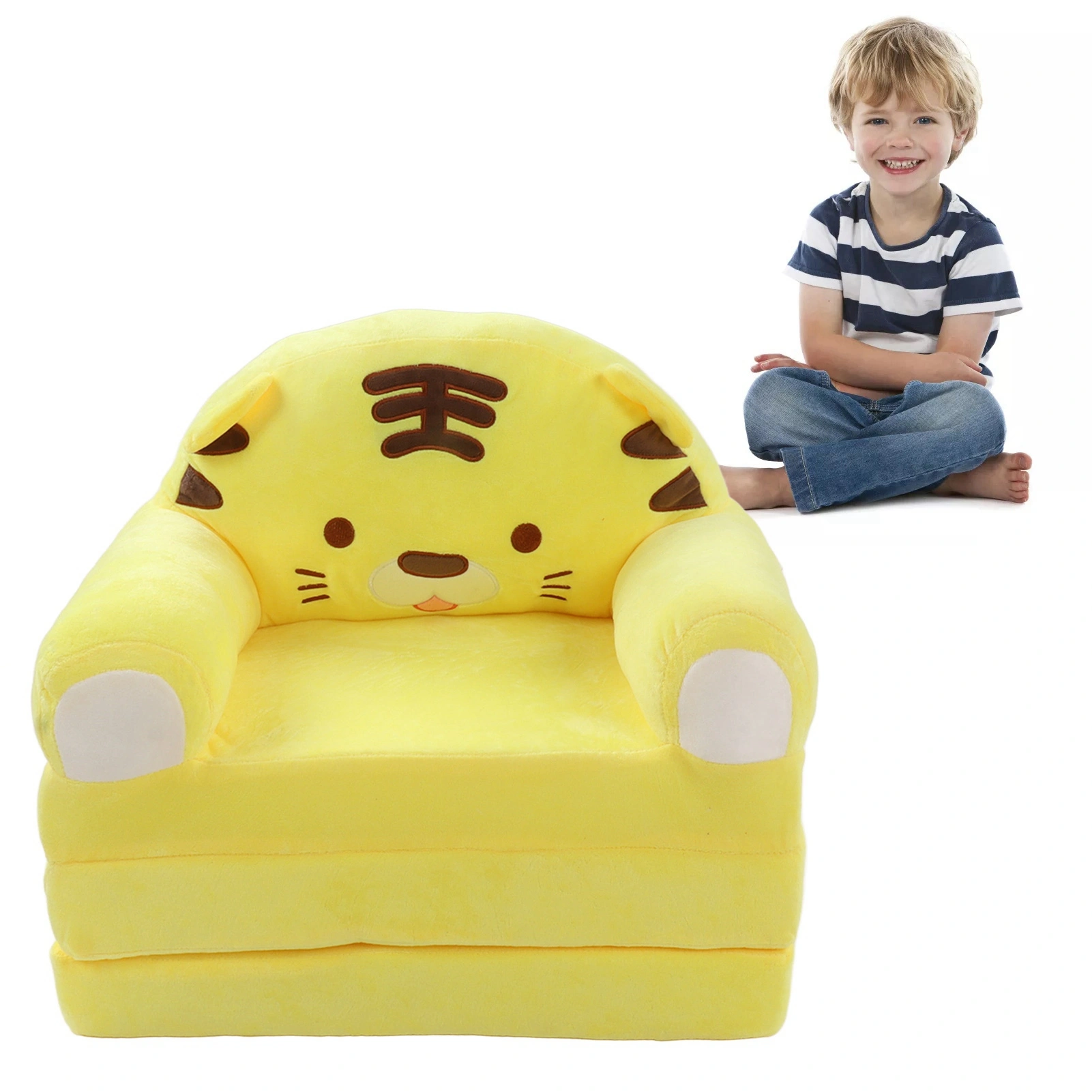 Cute Cartoon Foldable Kids Sofa Bed, 2 in 1 Backrest Armchair Children Folding Couch with Armrests, Yellow Kids Sofa for Living Room Bedroom view 4