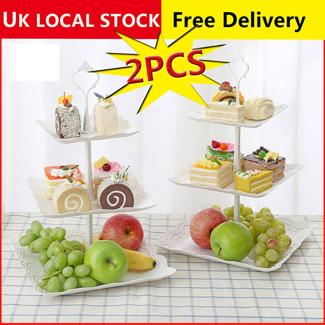 NEW 2X 3 Layer Dessert Cake Stand Plate Afternoon Tea Party Wedding Tableware Plate UK view 2