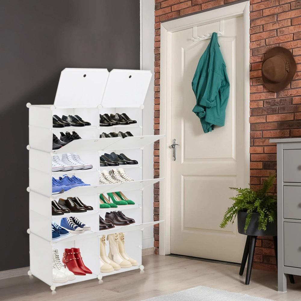 7-Tier Shoe Rack Organizer 28 Pair Expandable Tower with 14 Grids for Heels Boots Slippers, White view 2