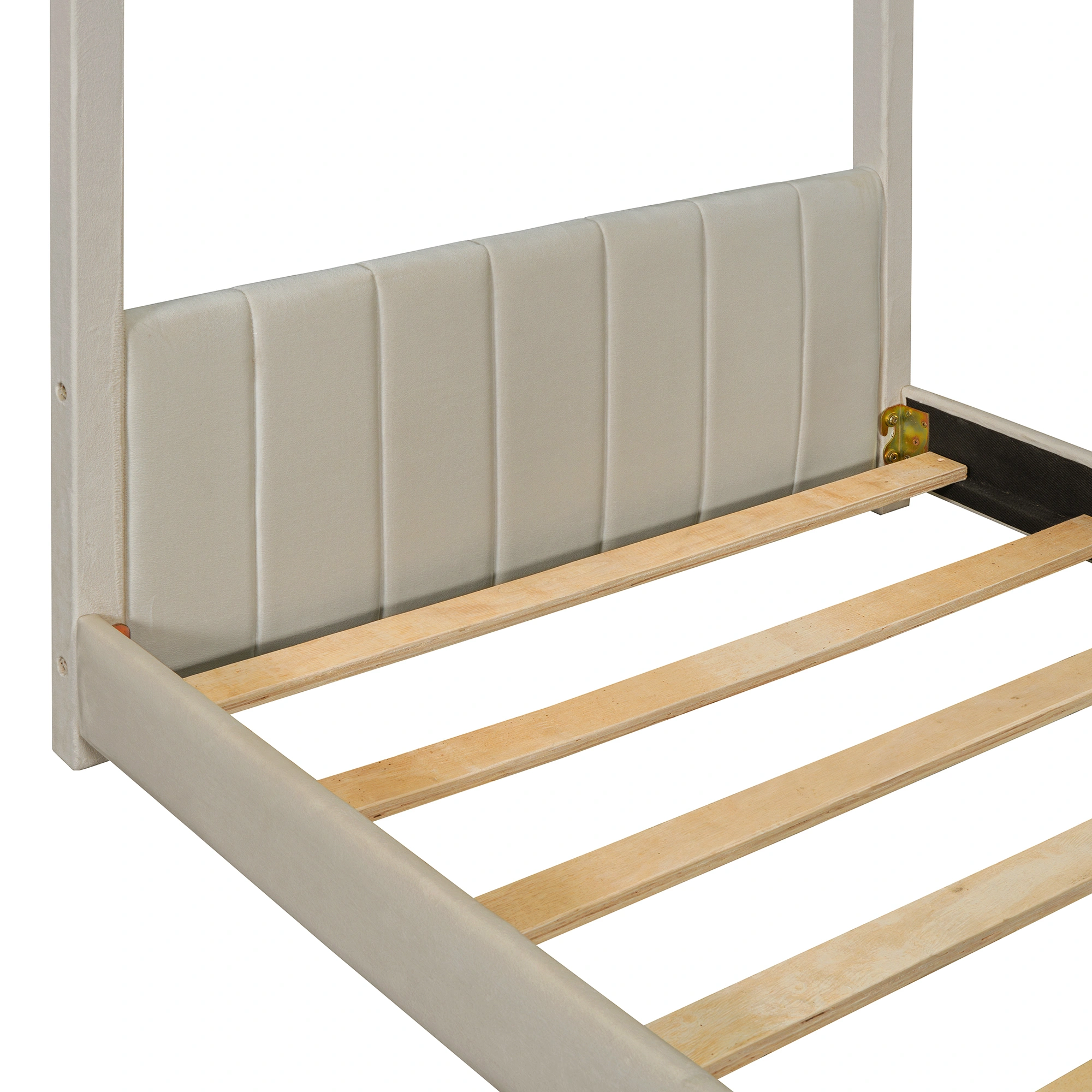 Twin Size Velvet Upholstered Bed Frame with Tufted Headboard, Solid Wood Platform Bed, Beige view 9