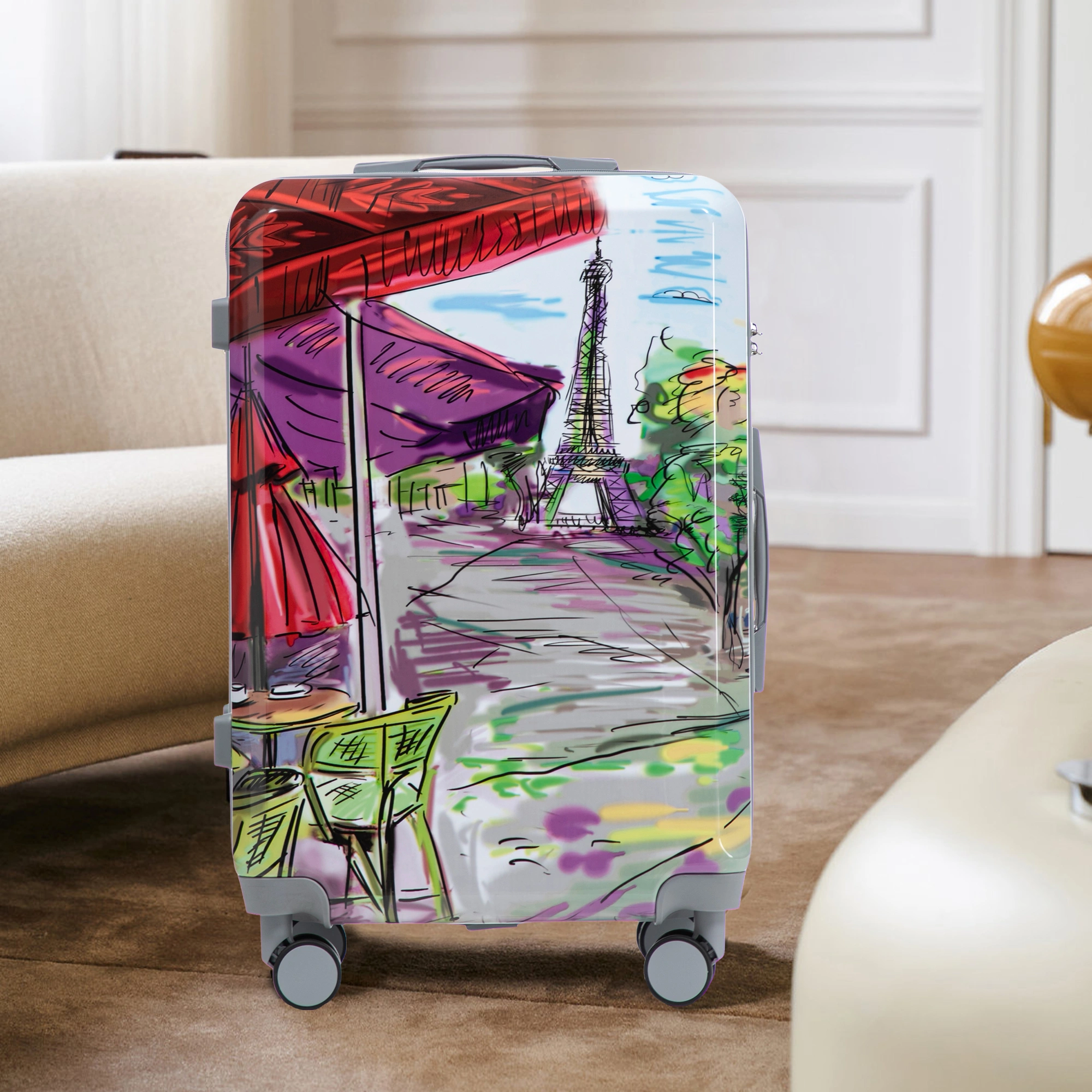 3 Piece PC Spinner Luggage Set 20/24/28 inch, Hardshell Suitcase with Wheels, Combination Lock, Carry On, Printed Pattern - Coffee view 10