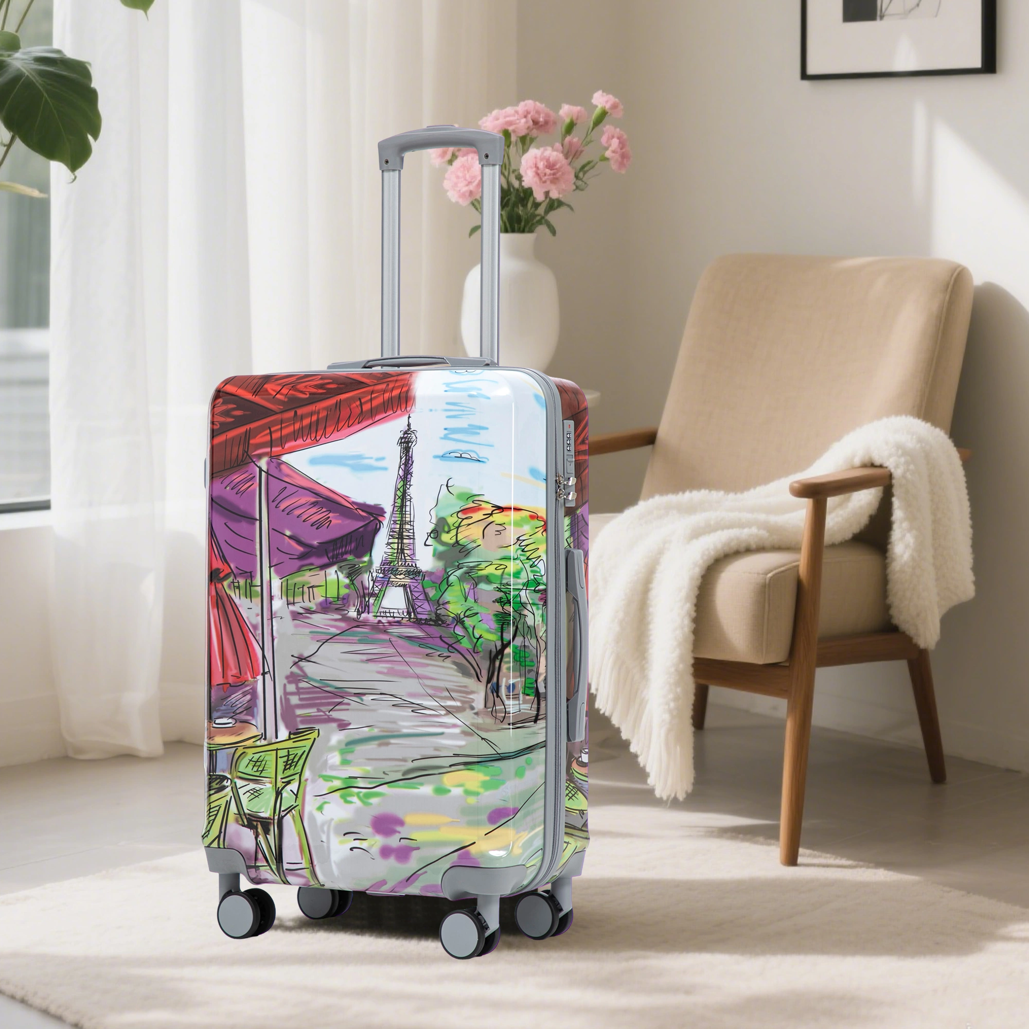 3 Piece PC Spinner Luggage Set 20/24/28 inch, Hardshell Suitcase with Wheels, Combination Lock, Carry On, Printed Pattern - Coffee view 11