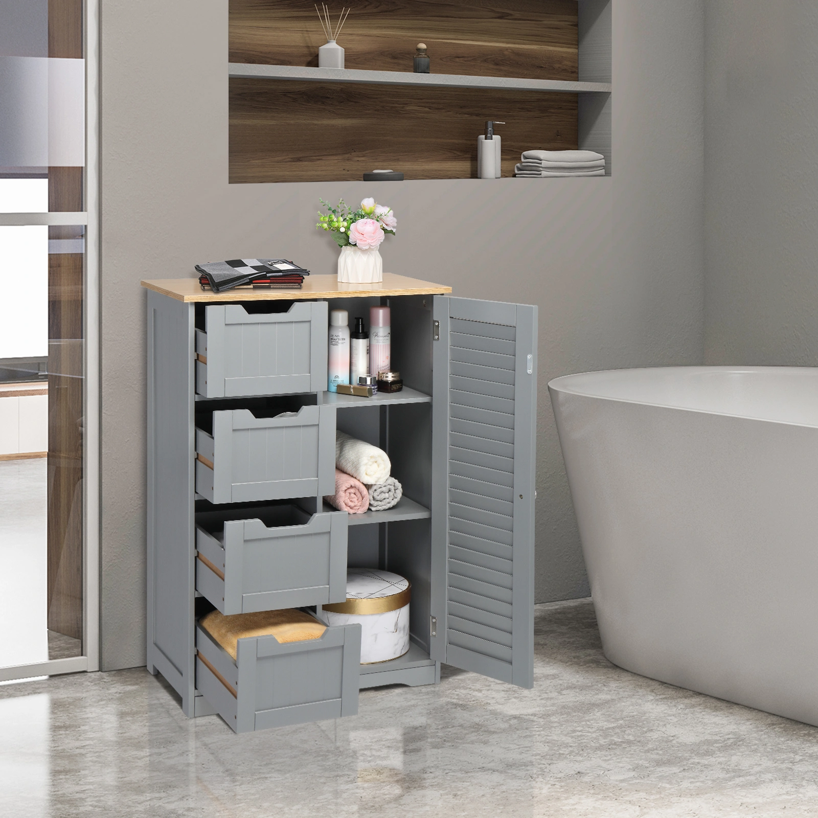 Gray MDF Bathroom Cabinet, 4-Drawer 2-Door Storage Unit, Spray-Painted Finish Waterproof Vanity Cabinet for Home view 2