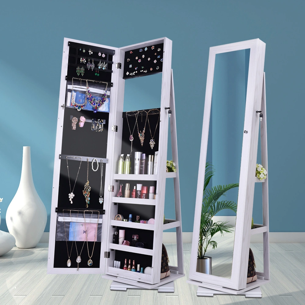 360° Rotating Full Body Mirror Cabinet White, Moisture-Proof PVC Dressing Wardrobe with Jewelry Storage