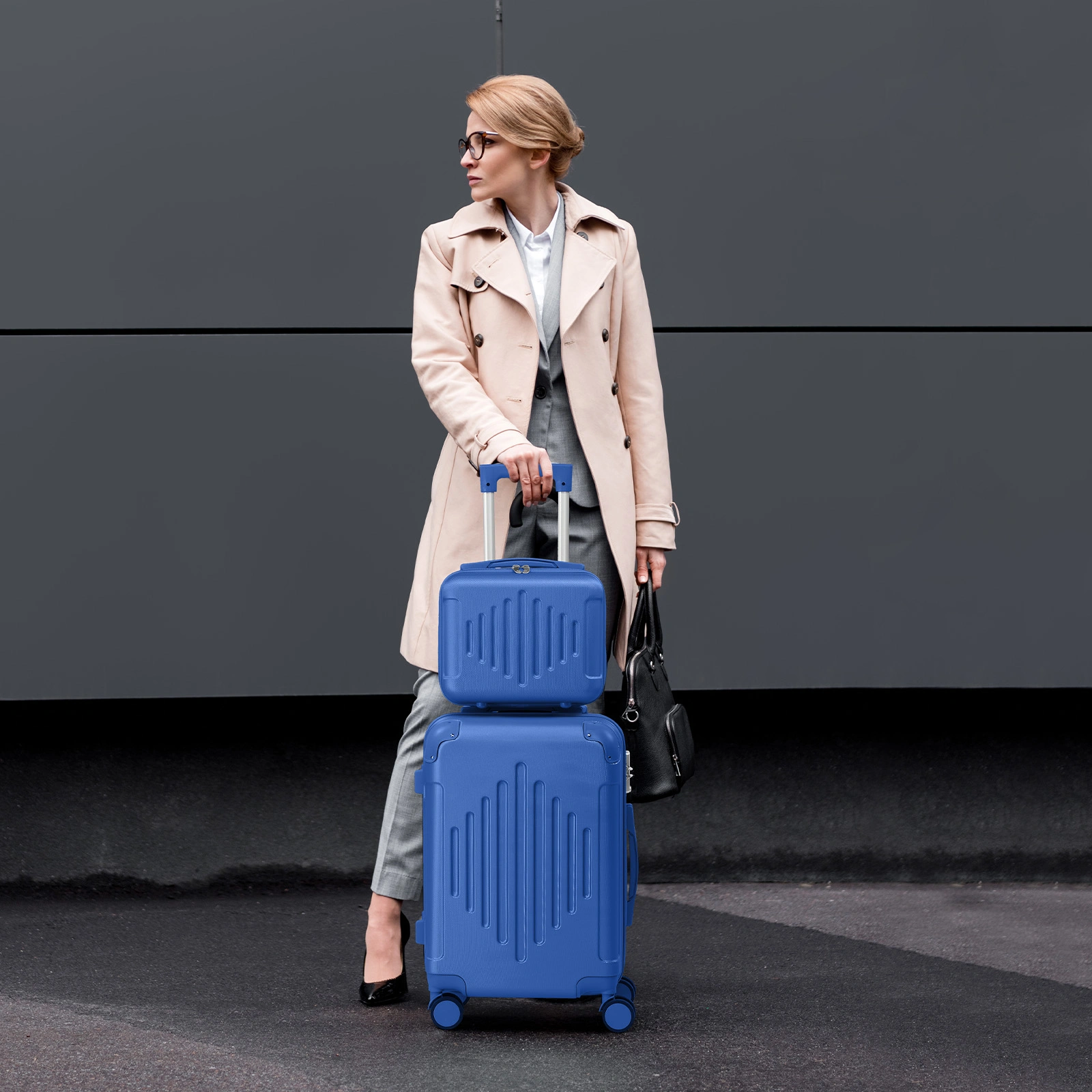 5-Piece ABS Hardshell Luggage Set - Deep Blue, Diamond Tread Pattern, Reinforced Corner Guards view 4