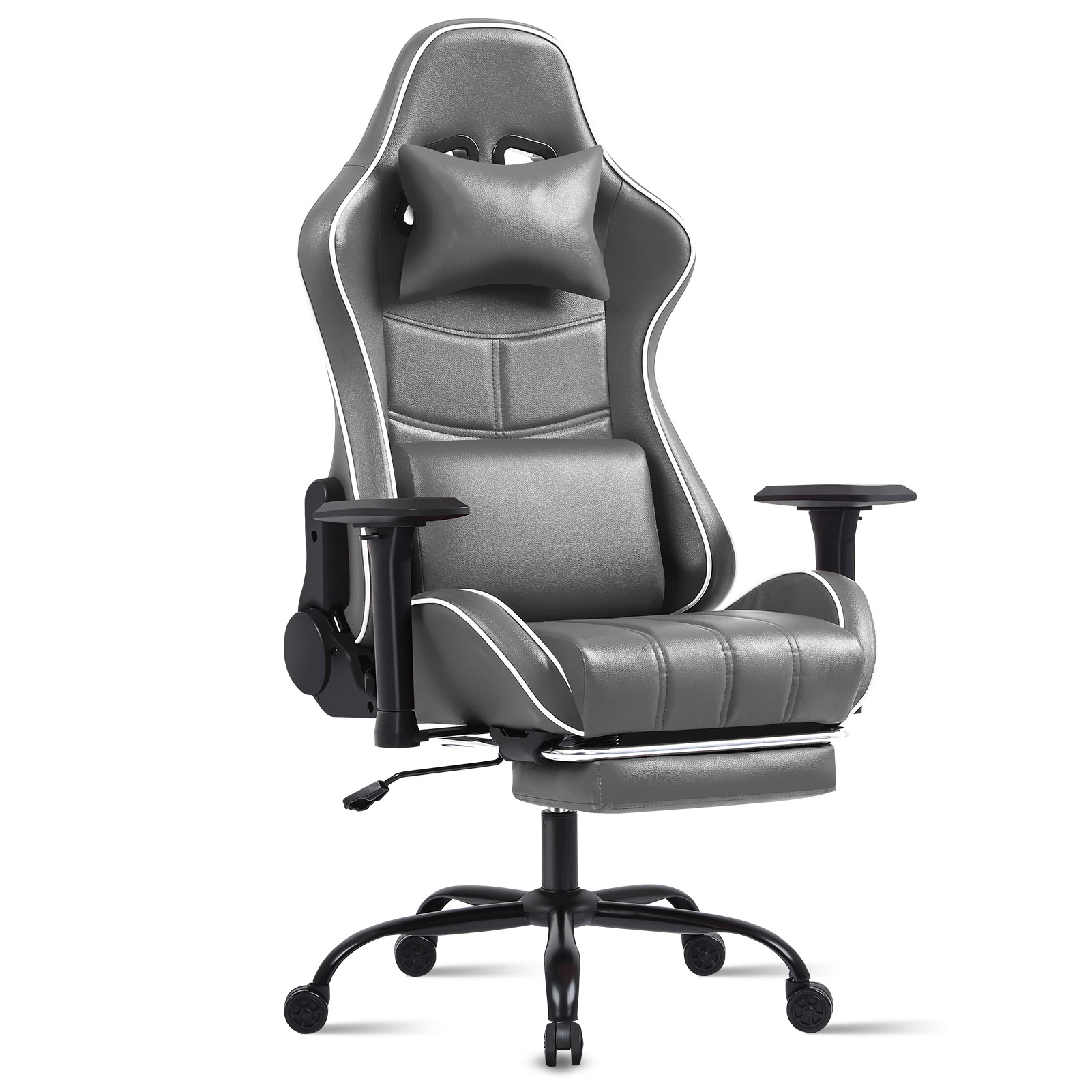 Ergonomic Gaming Chair for Adults, Heavy Duty Office Chair with Footrest & Lumbar Support, 360 Swivel PU Leather Desk Chair, Dark Gray