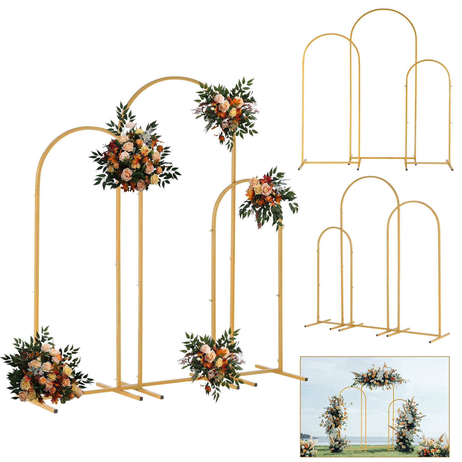 (5.9ft+4.9ft+3.9ft) Three-Piece Set Wedding Arc Top Iron Art Wedding Iron Arch Gold view 14