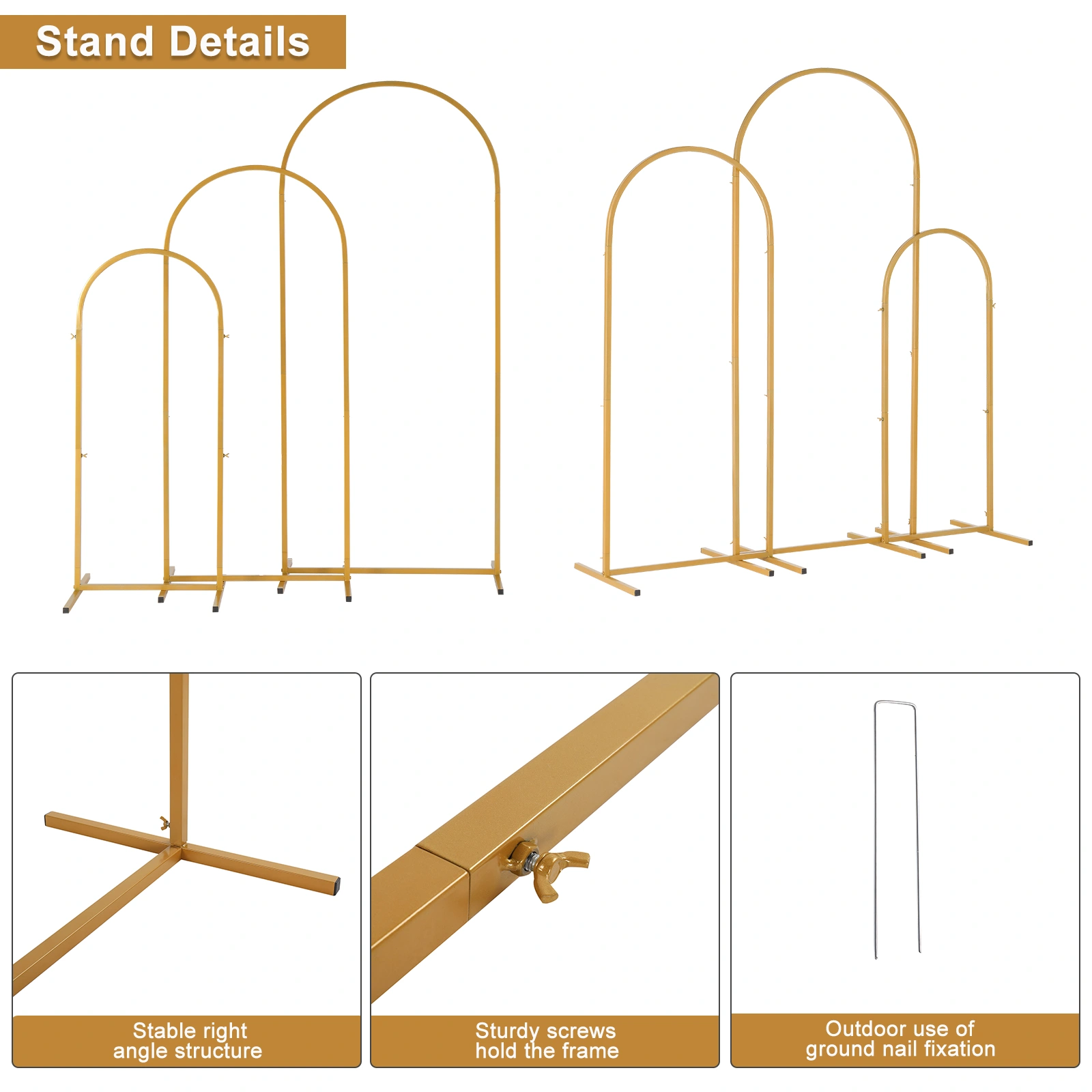 (5.9ft+4.9ft+3.9ft) Three-Piece Set Wedding Arc Top Iron Art Wedding Iron Arch Gold view 8