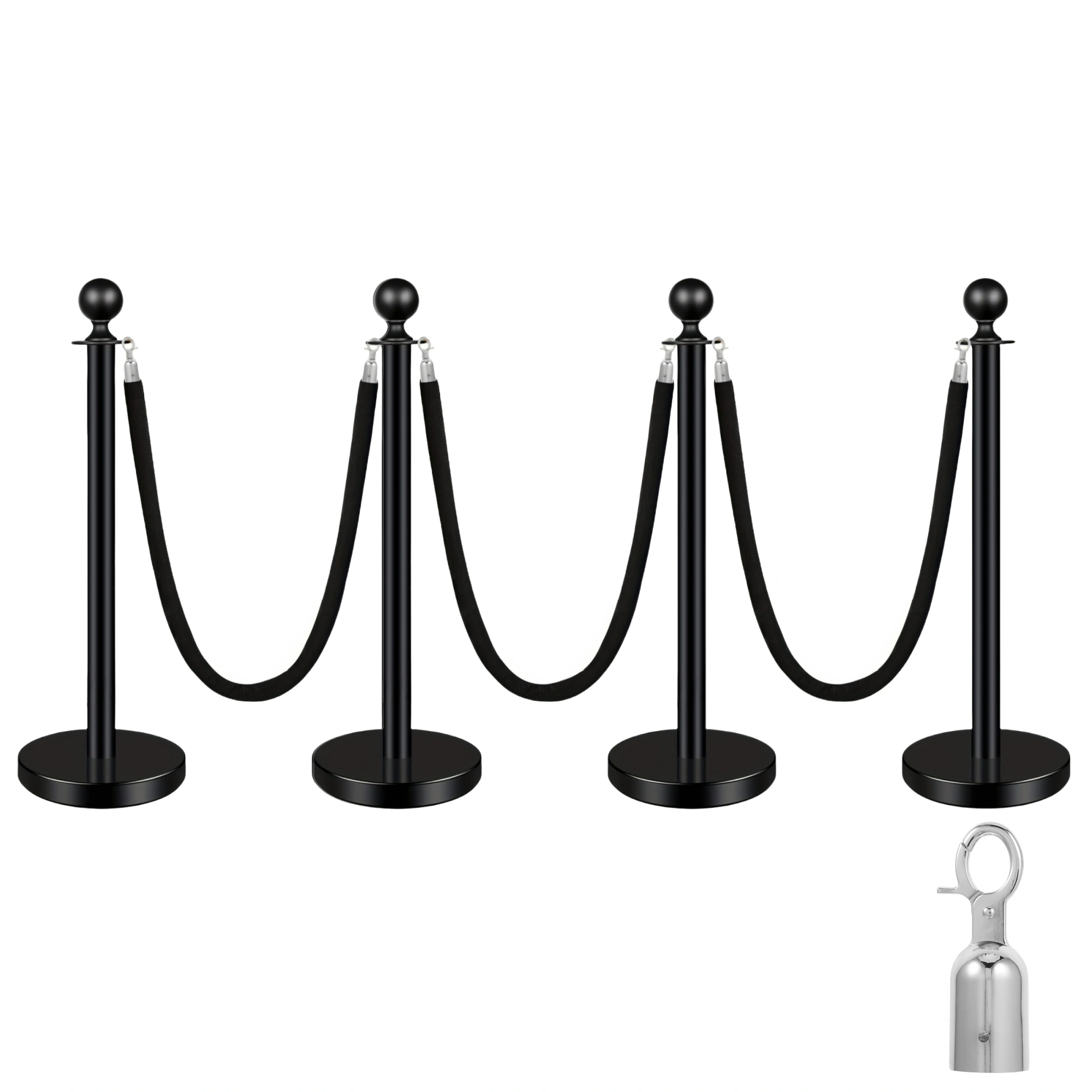 4 PCS Black Stanchions with Velvet Rope, Crowd Control Barriers with Sand Fill Base for Theater Wedding Party Exhibition