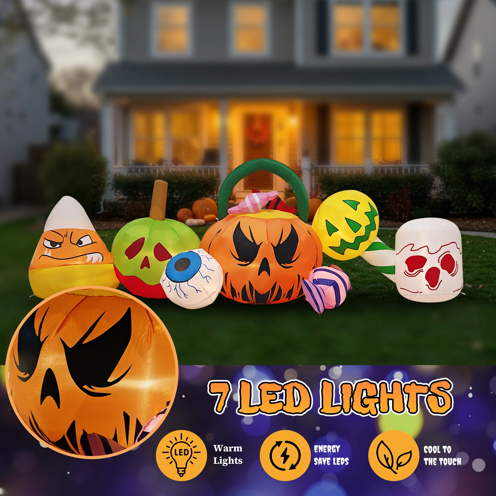 8FT Long Halloween Inflatables Pumpkins Eyeball Candy Outdoor Decorations, Blow Up Yard Decoration with Built-in LEDs Lighted for Lawn Garden Outside Indoor Decor view 4