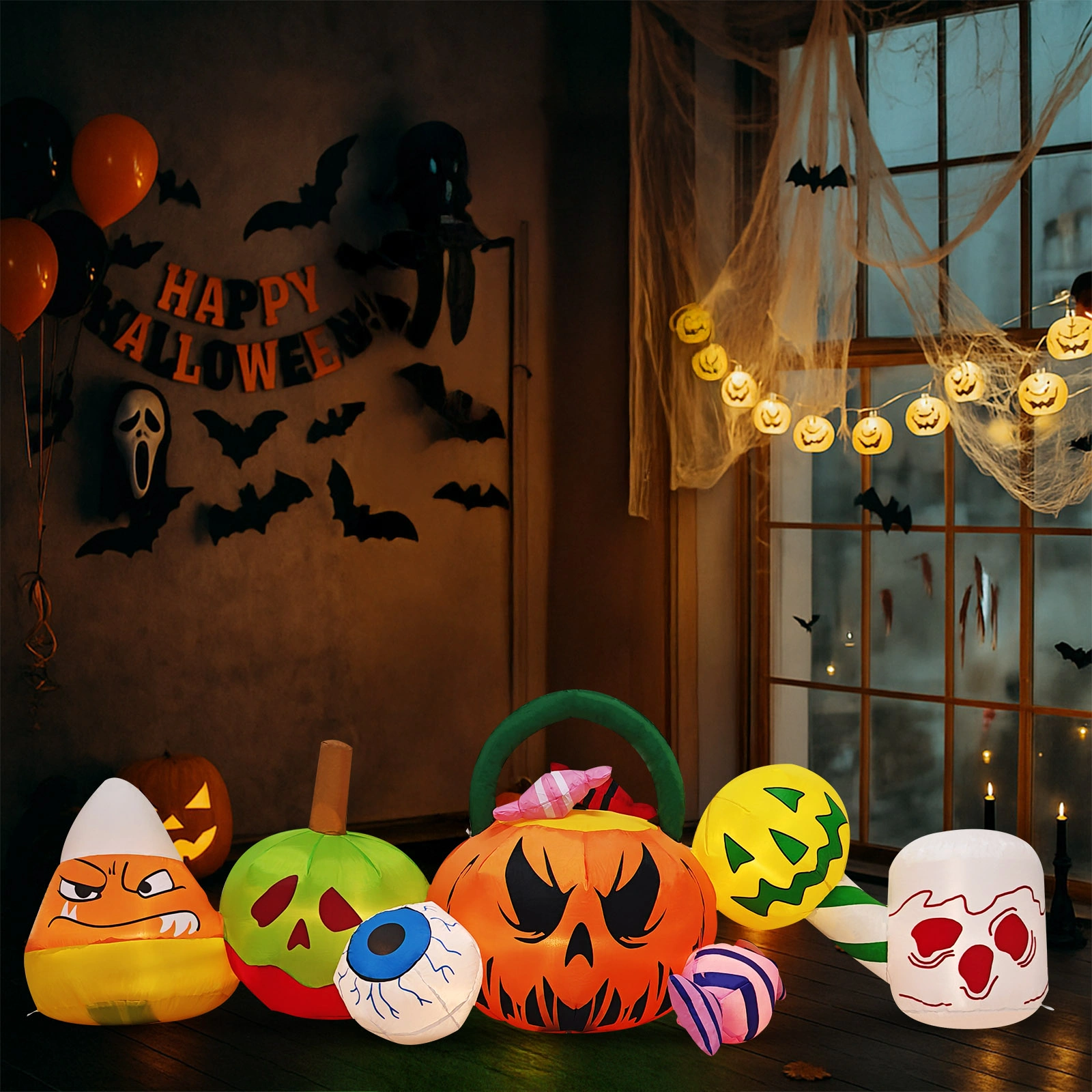 8FT Long Halloween Inflatables Pumpkins Eyeball Candy Outdoor Decorations, Blow Up Yard Decoration with Built-in LEDs Lighted for Lawn Garden Outside Indoor Decor view 7