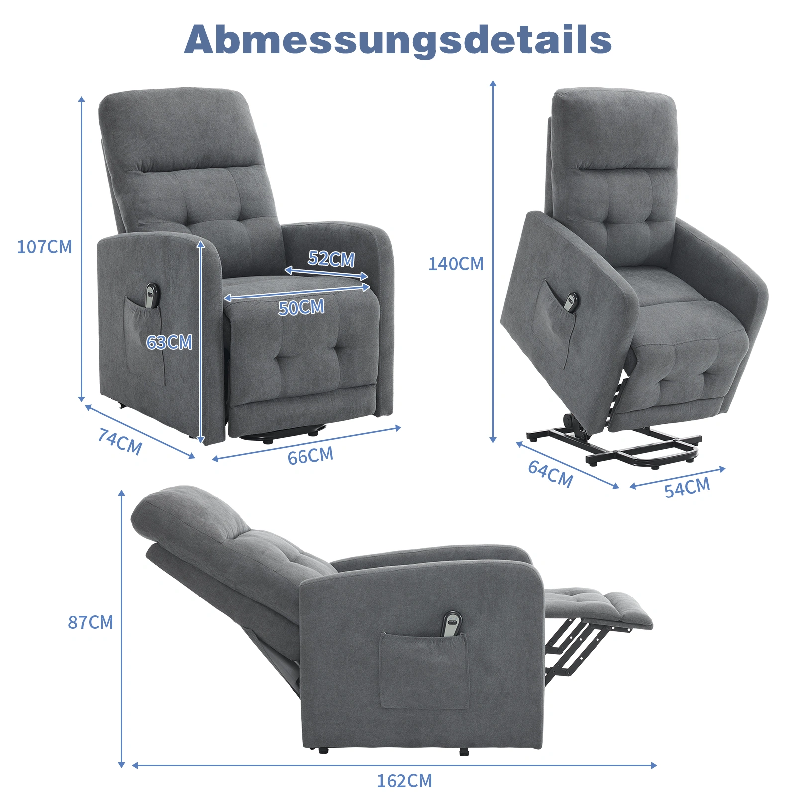 1pc Dark Gray Fabric Electric Lift Functional Chair for Elderly, 120kg Weight Capacity, Indoor Power Recliner view 3