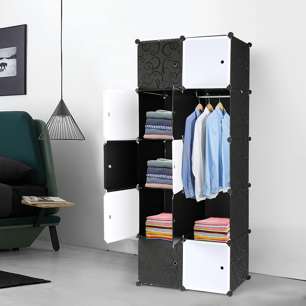 10-Cube Organizer Stackable Plastic Storage Shelves, Modular Closet Cabinet with Hanging Rod, Black & White