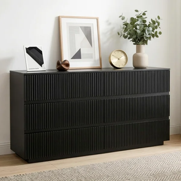 Handleless 6-Drawer Dresser with Grille Finish P2 Particleboard + MDF & Melamine Veneer + Vacuum-Formed Bedside Table 55.12*15.75*27.95in Black