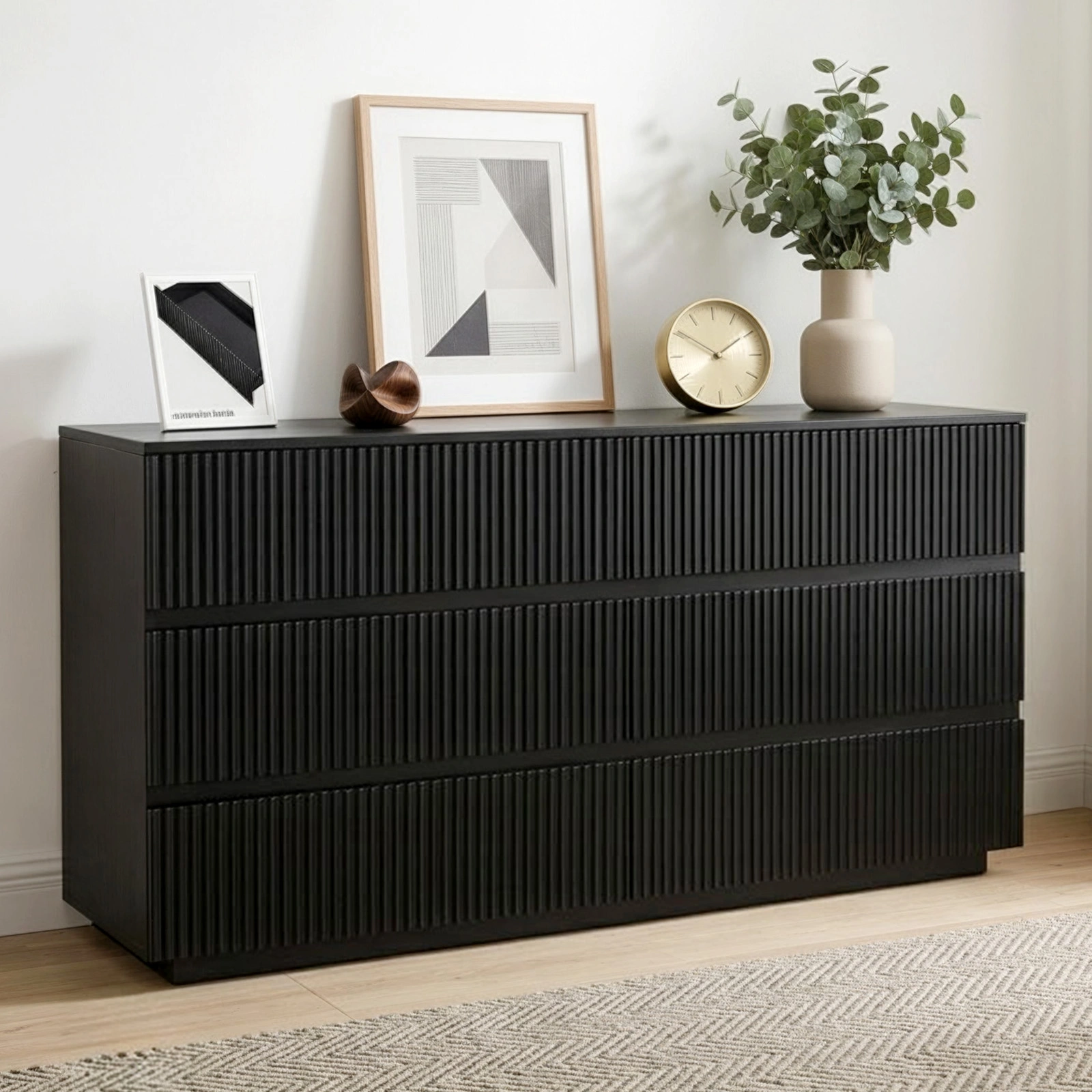 Handleless 6-Drawer Dresser with Grille Finish P2 Particleboard + MDF & Melamine Veneer + Vacuum-Formed Bedside Table 55.12*15.75*27.95in Black