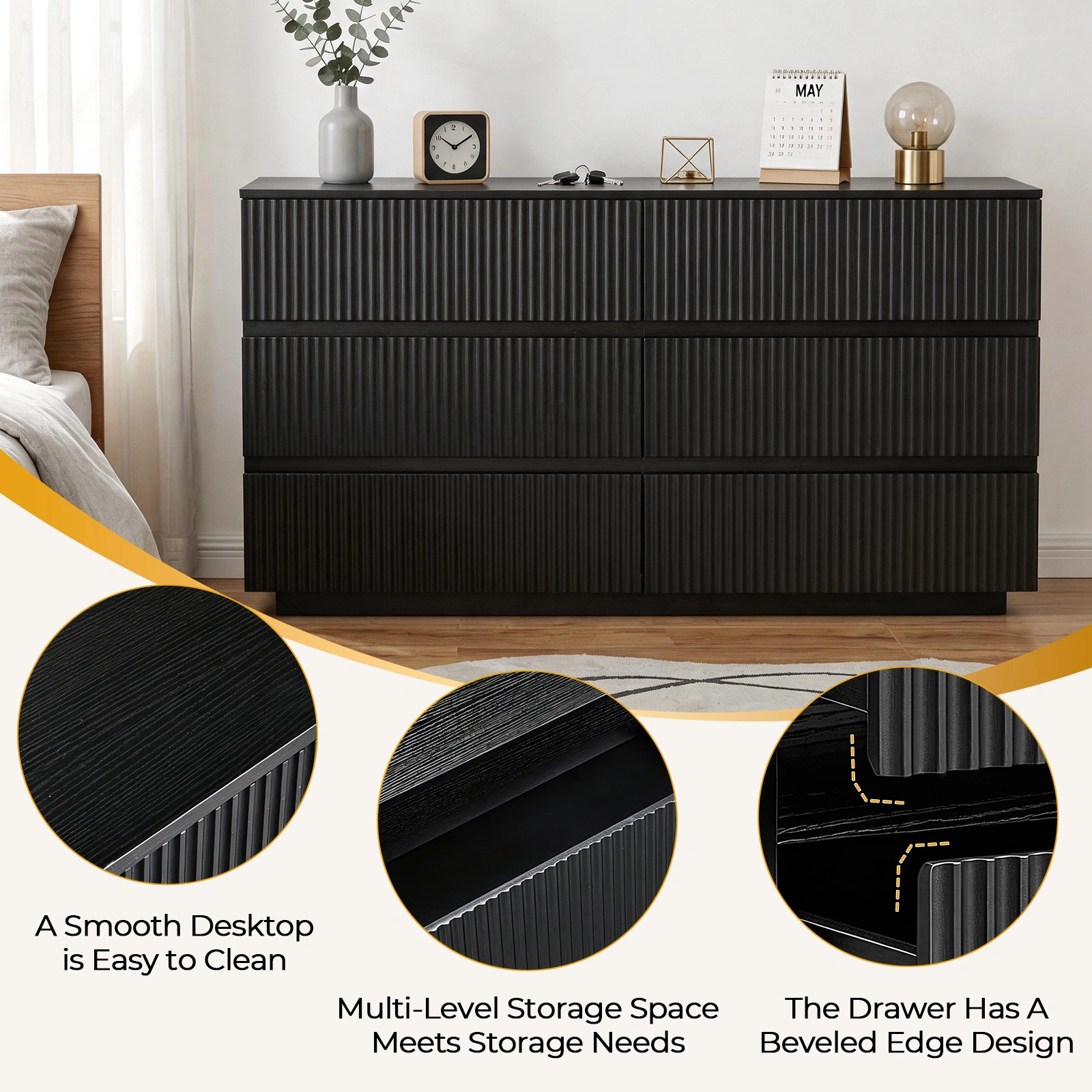 Handleless 6-Drawer Dresser with Grille Finish P2 Particleboard + MDF & Melamine Veneer + Vacuum-Formed Bedside Table 55.12*15.75*27.95in Black view 12
