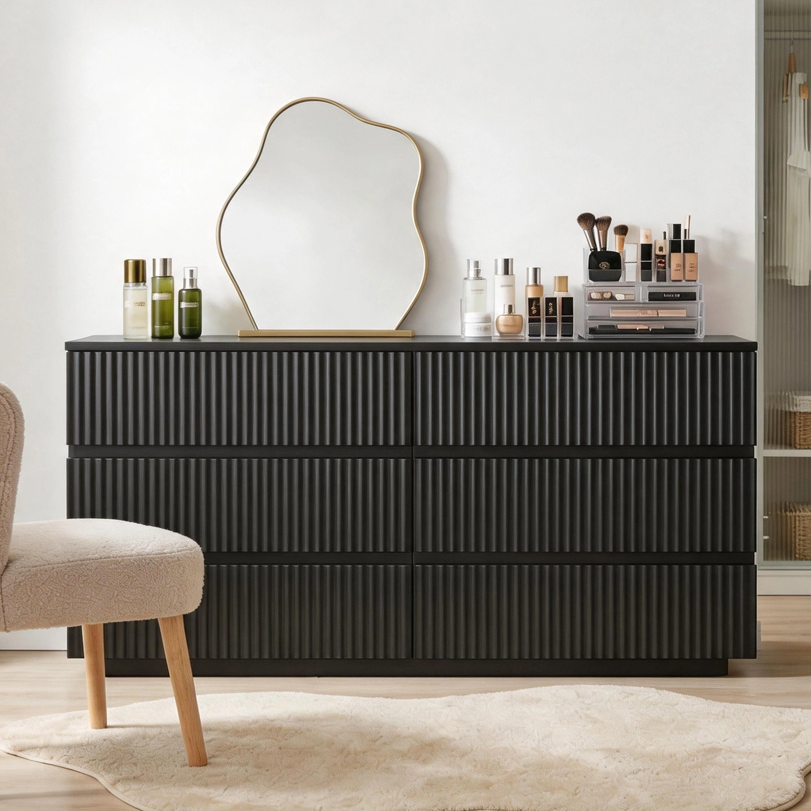 Handleless 6-Drawer Dresser with Grille Finish P2 Particleboard + MDF & Melamine Veneer + Vacuum-Formed Bedside Table 55.12*15.75*27.95in Black view 13