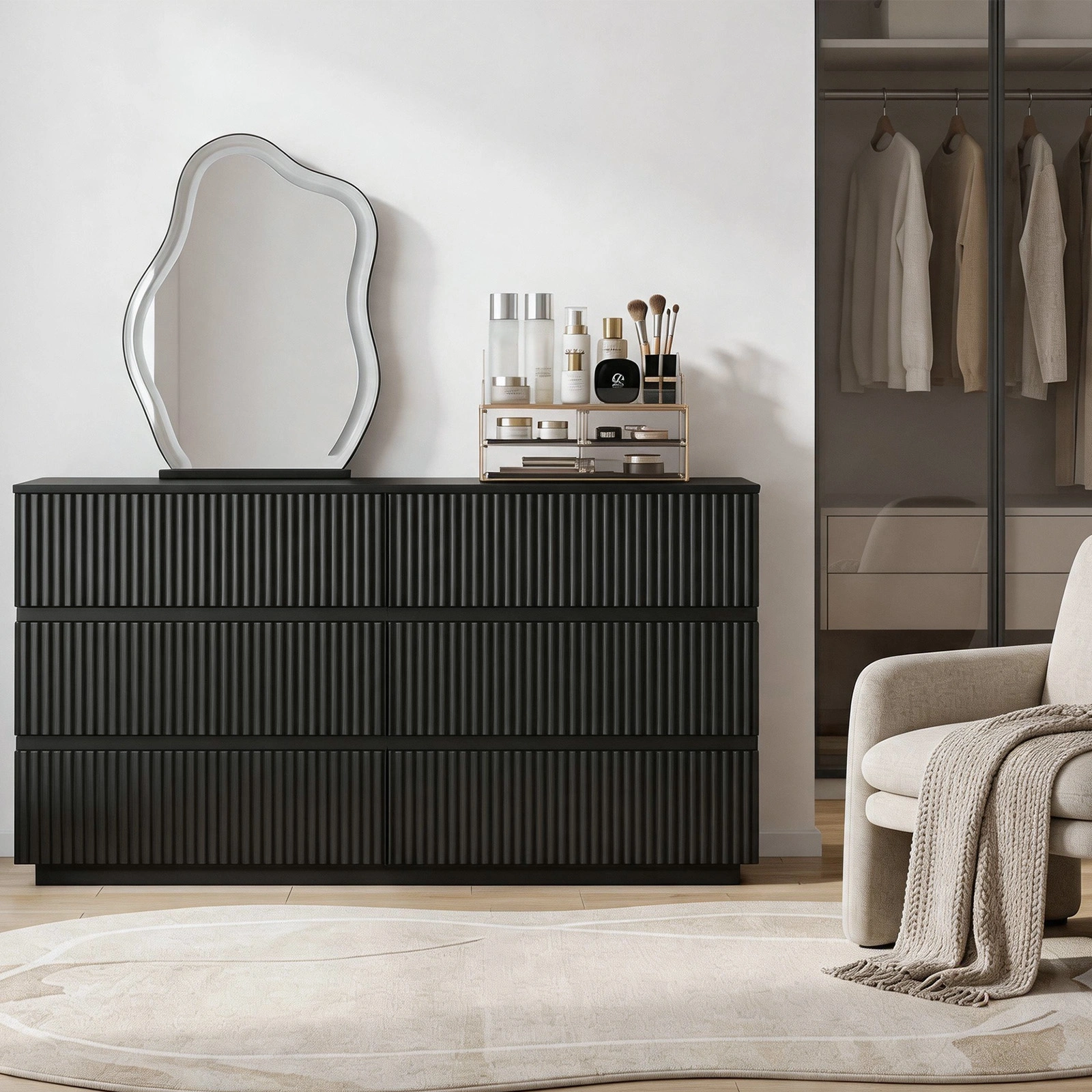Handleless 6-Drawer Dresser with Grille Finish P2 Particleboard + MDF & Melamine Veneer + Vacuum-Formed Bedside Table 55.12*15.75*27.95in Black view 14