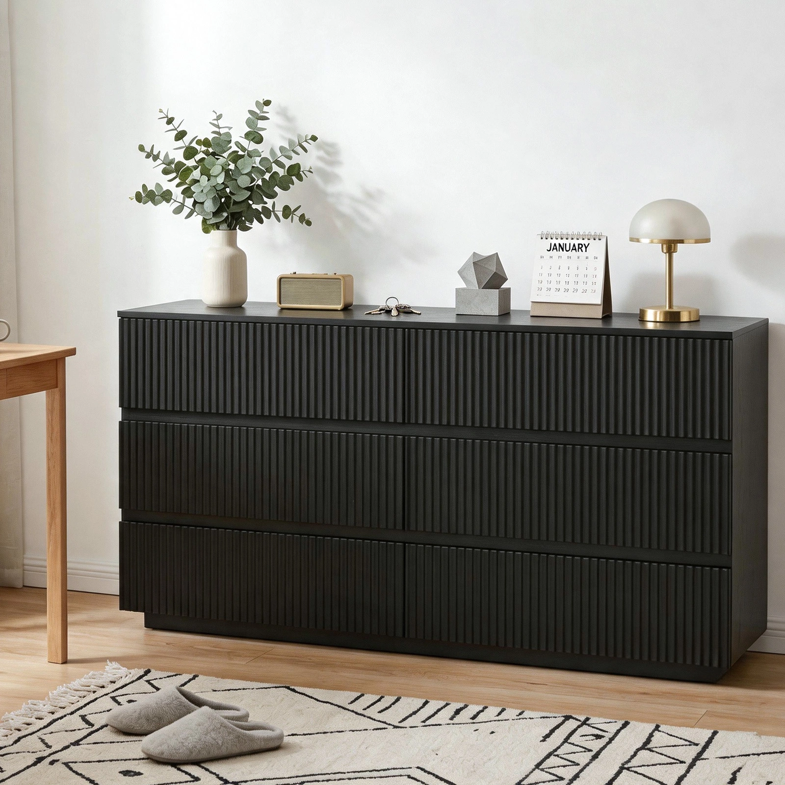 Handleless 6-Drawer Dresser with Grille Finish P2 Particleboard + MDF & Melamine Veneer + Vacuum-Formed Bedside Table 55.12*15.75*27.95in Black view 16