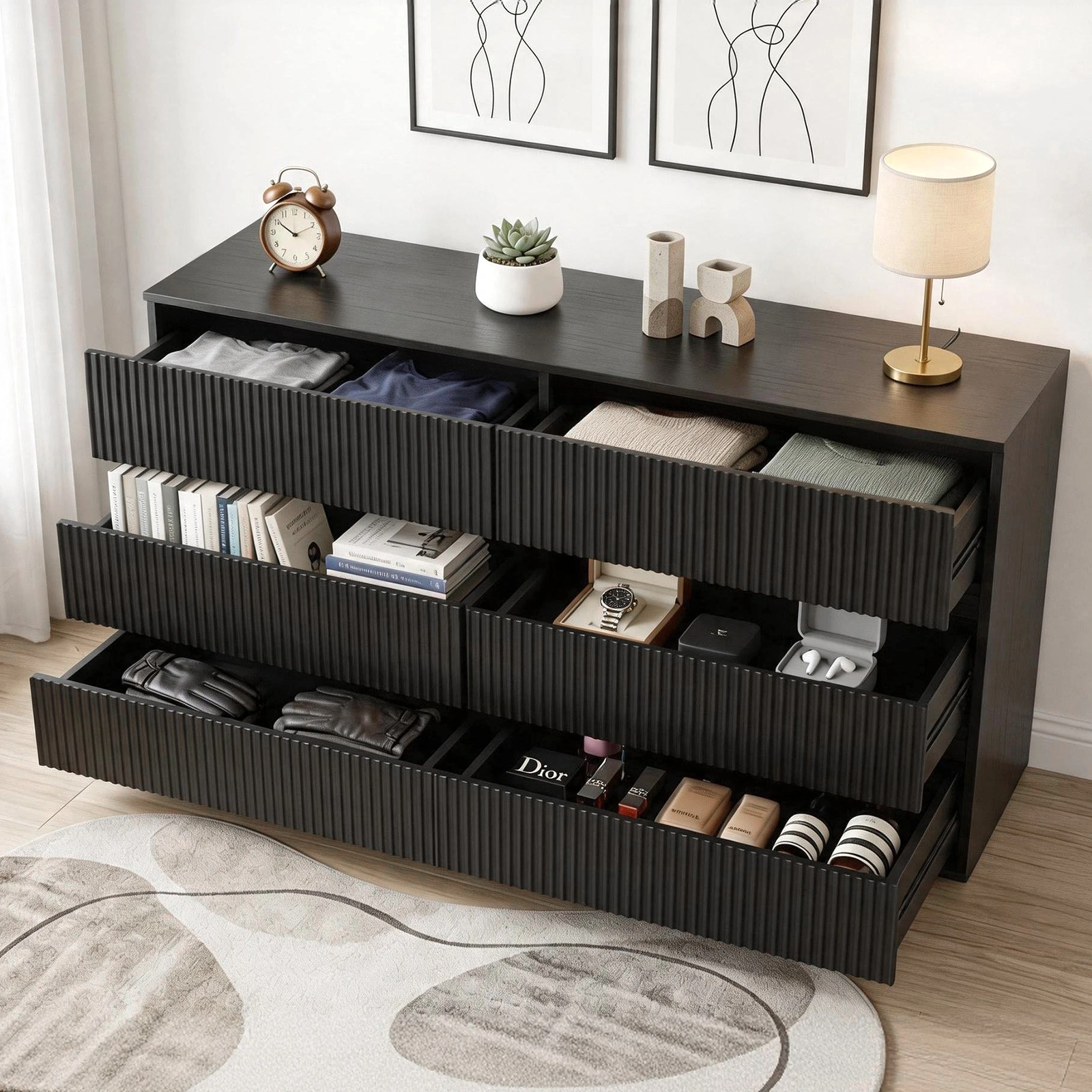 Handleless 6-Drawer Dresser with Grille Finish P2 Particleboard + MDF & Melamine Veneer + Vacuum-Formed Bedside Table 55.12*15.75*27.95in Black view 17