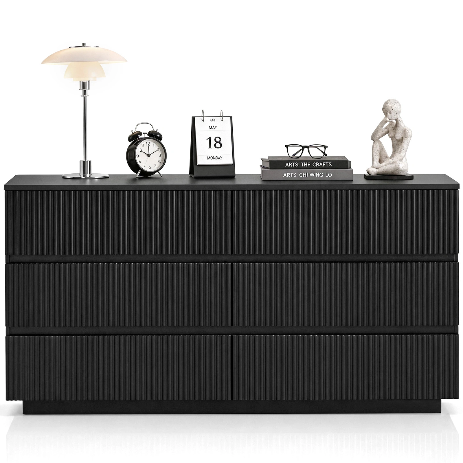 Handleless 6-Drawer Dresser with Grille Finish P2 Particleboard + MDF & Melamine Veneer + Vacuum-Formed Bedside Table 55.12*15.75*27.95in Black view 2