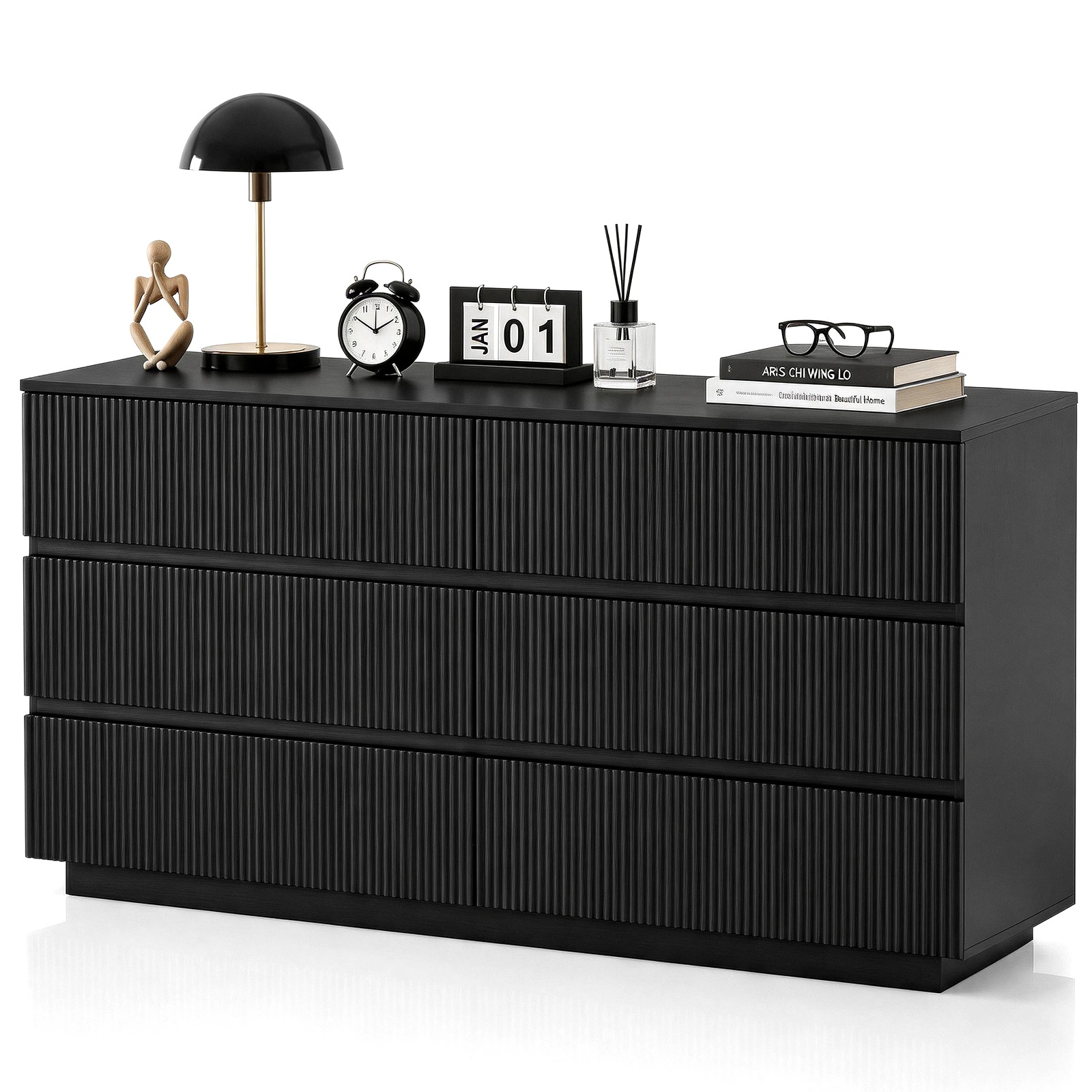 Handleless 6-Drawer Dresser with Grille Finish P2 Particleboard + MDF & Melamine Veneer + Vacuum-Formed Bedside Table 55.12*15.75*27.95in Black view 3