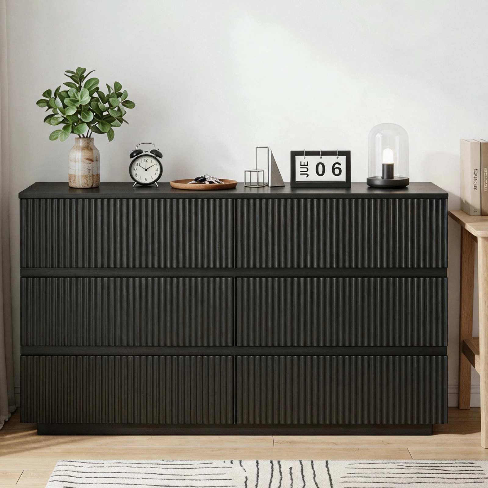 Handleless 6-Drawer Dresser with Grille Finish P2 Particleboard + MDF & Melamine Veneer + Vacuum-Formed Bedside Table 55.12*15.75*27.95in Black view 4