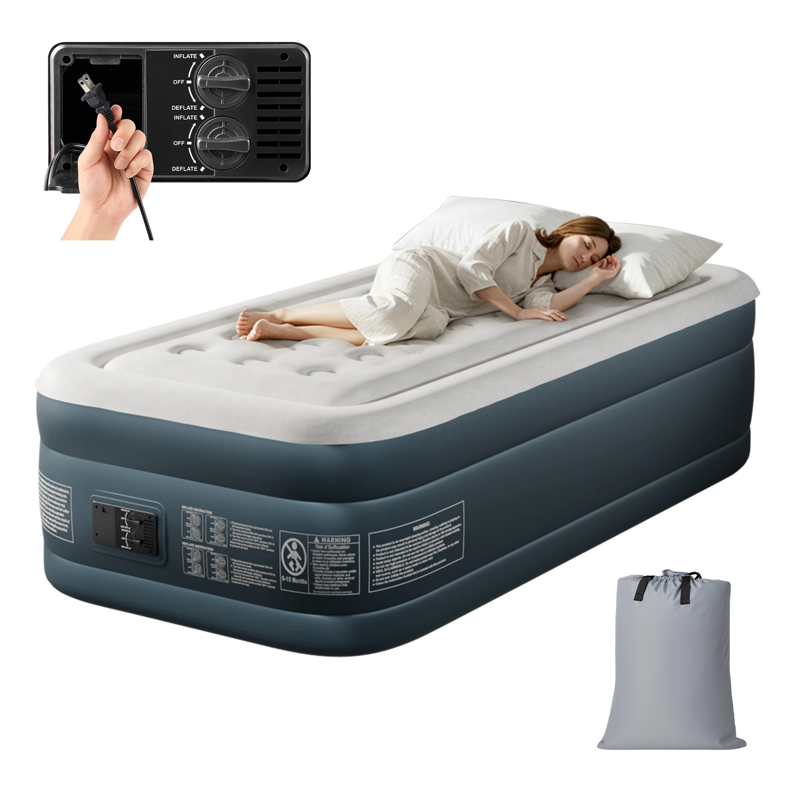 Twin Air Mattress with Built-in Pump, 18in Raised Comfort Blow up Mattress, Double Chamber Airbed, 2min Quick Inflation/Deflation Inflatable Mattress for Home Guests Camping, Gray & White