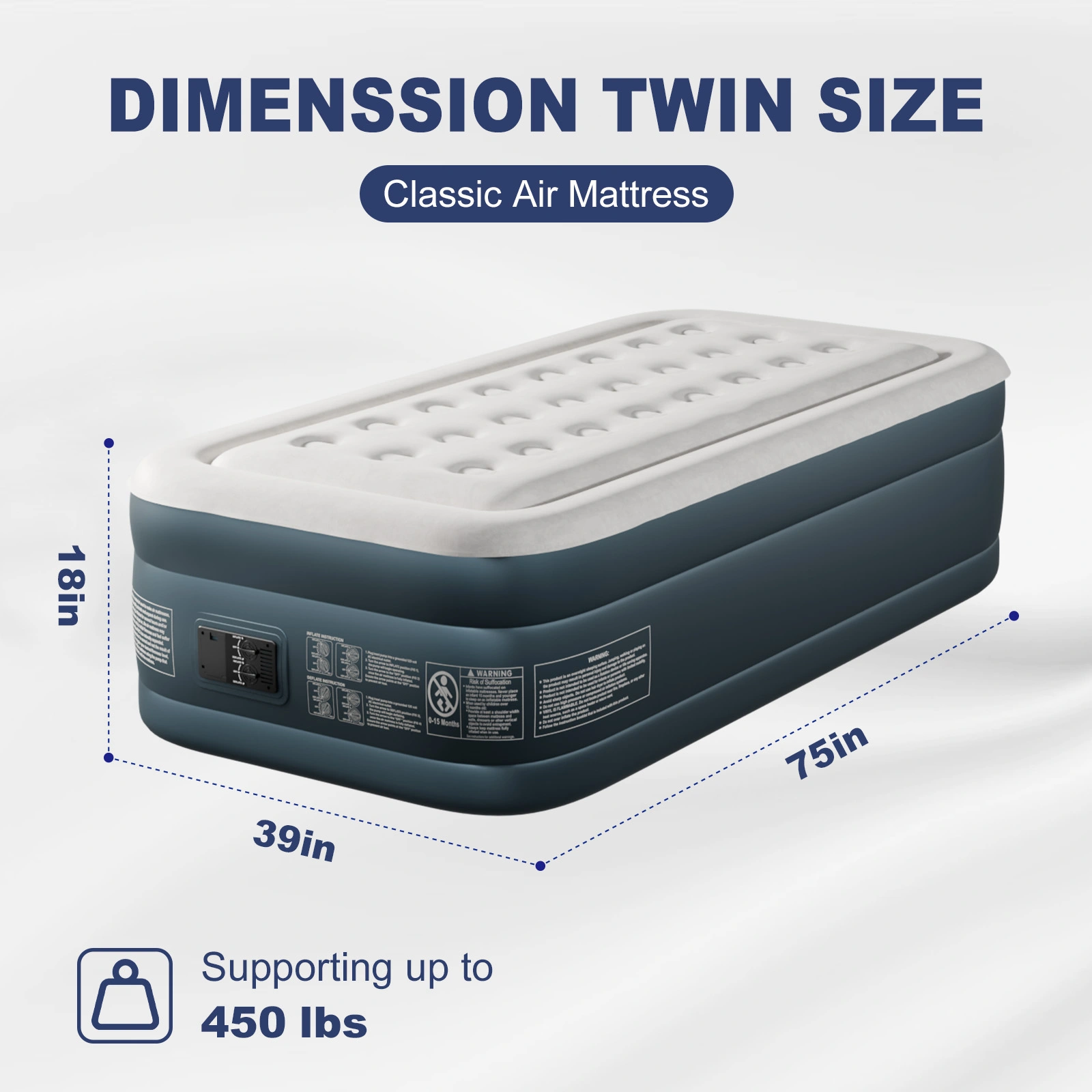 Twin Air Mattress with Built-in Pump, 18in Raised Comfort Blow up Mattress, Double Chamber Airbed, 2min Quick Inflation/Deflation Inflatable Mattress for Home Guests Camping, Gray & White view 15