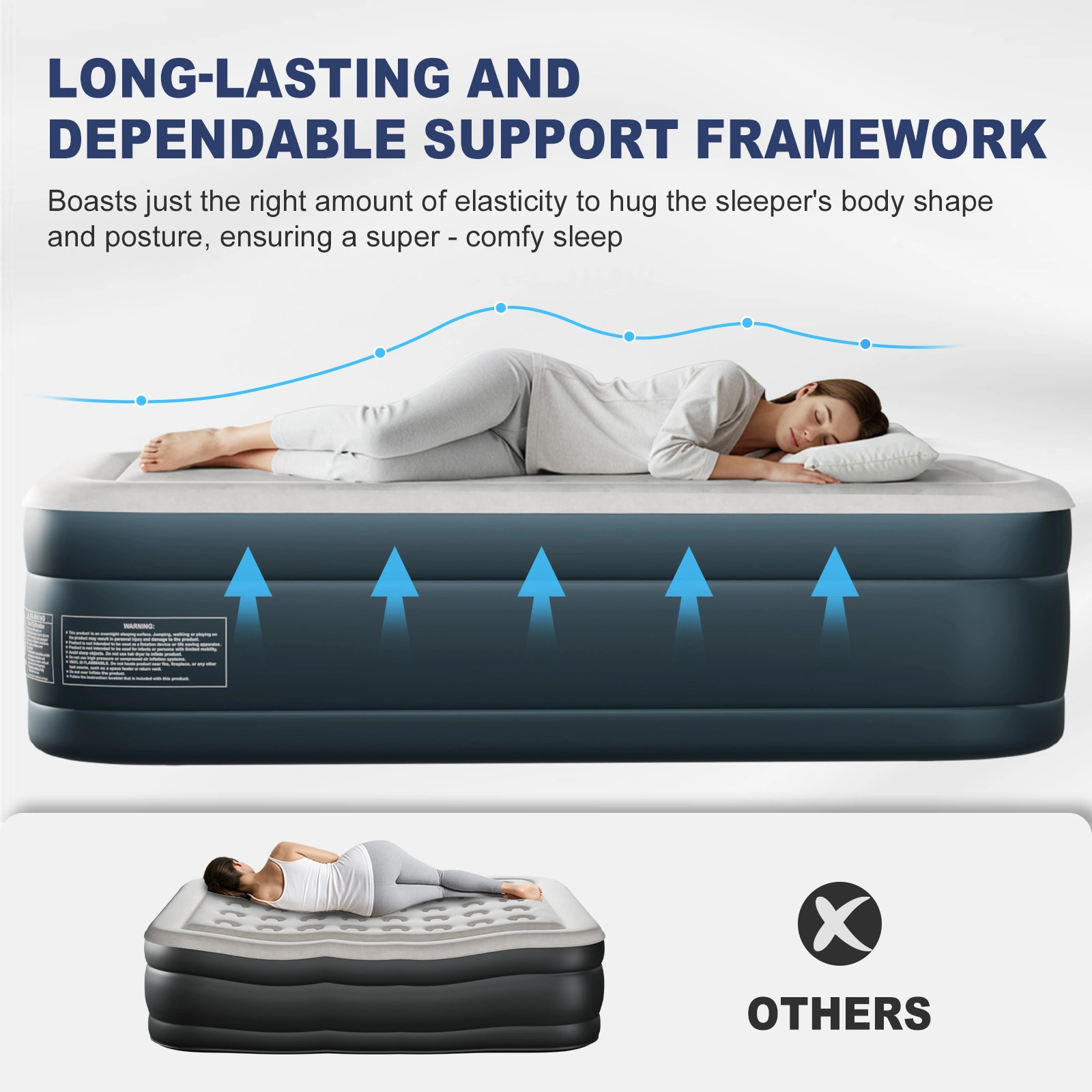 Twin Air Mattress with Built-in Pump, 18in Raised Comfort Blow up Mattress, Double Chamber Airbed, 2min Quick Inflation/Deflation Inflatable Mattress for Home Guests Camping, Gray & White view 16