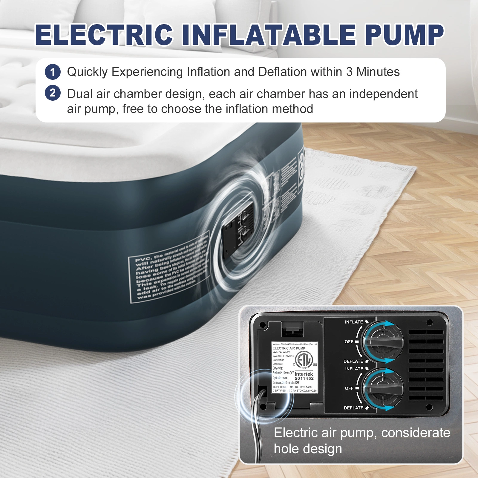 Twin Air Mattress with Built-in Pump, 18in Raised Comfort Blow up Mattress, Double Chamber Airbed, 2min Quick Inflation/Deflation Inflatable Mattress for Home Guests Camping, Gray & White view 18