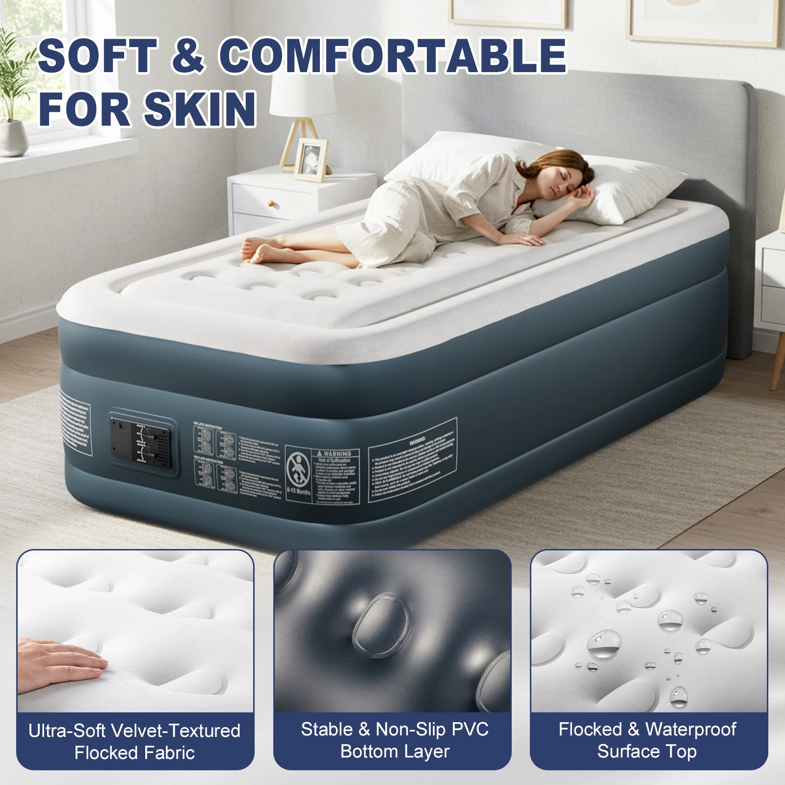Twin Air Mattress with Built-in Pump, 18in Raised Comfort Blow up Mattress, Double Chamber Airbed, 2min Quick Inflation/Deflation Inflatable Mattress for Home Guests Camping, Gray & White view 19