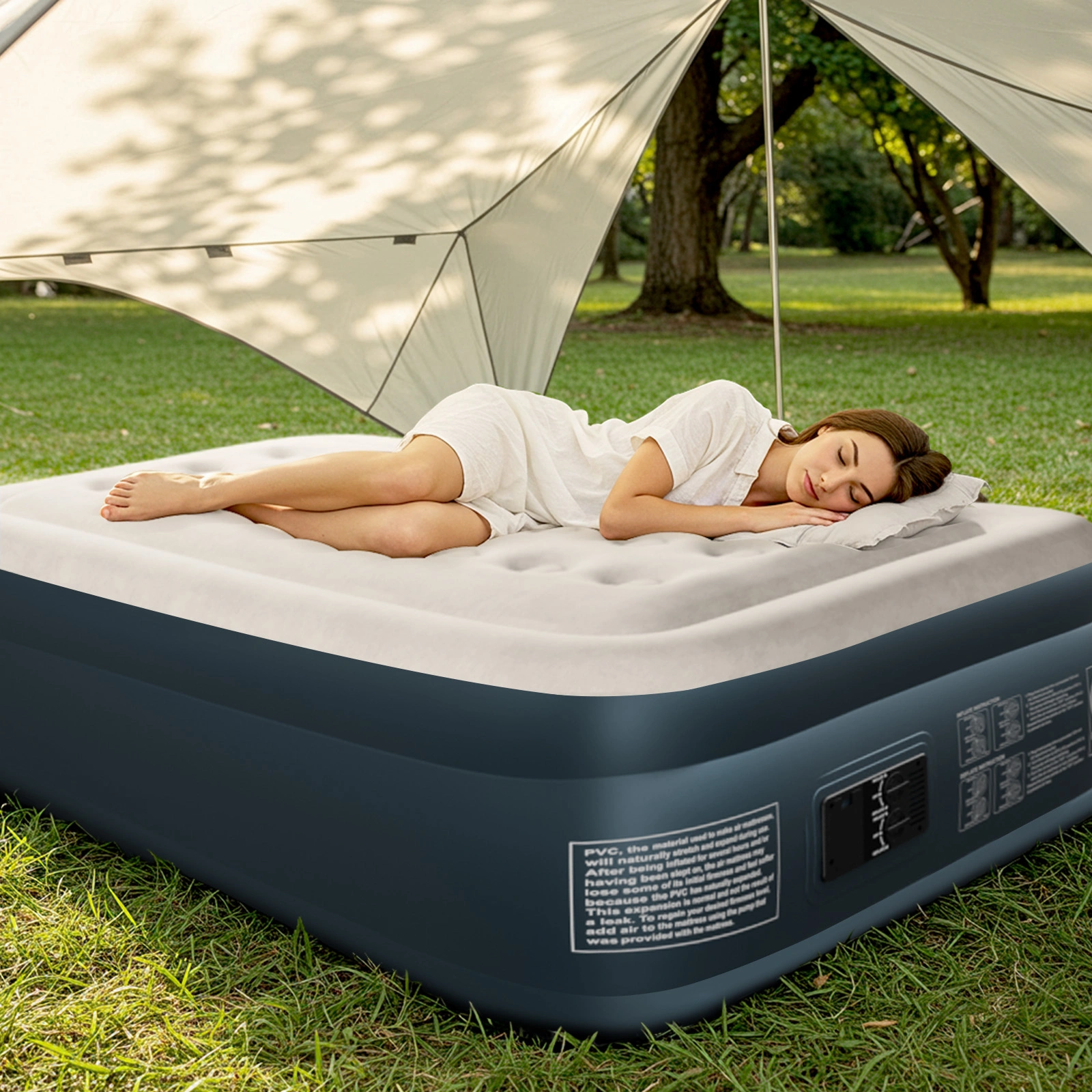 Twin Air Mattress with Built-in Pump, 18in Raised Comfort Blow up Mattress, Double Chamber Airbed, 2min Quick Inflation/Deflation Inflatable Mattress for Home Guests Camping, Gray & White view 20