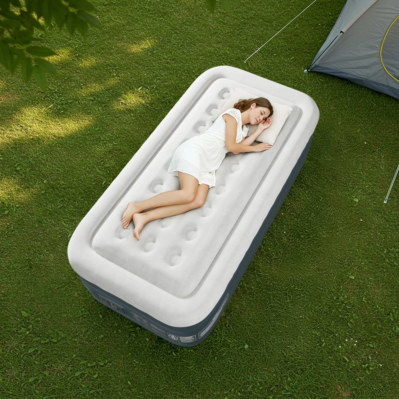 Twin Air Mattress with Built-in Pump, 18in Raised Comfort Blow up Mattress, Double Chamber Airbed, 2min Quick Inflation/Deflation Inflatable Mattress for Home Guests Camping, Gray & White view 21