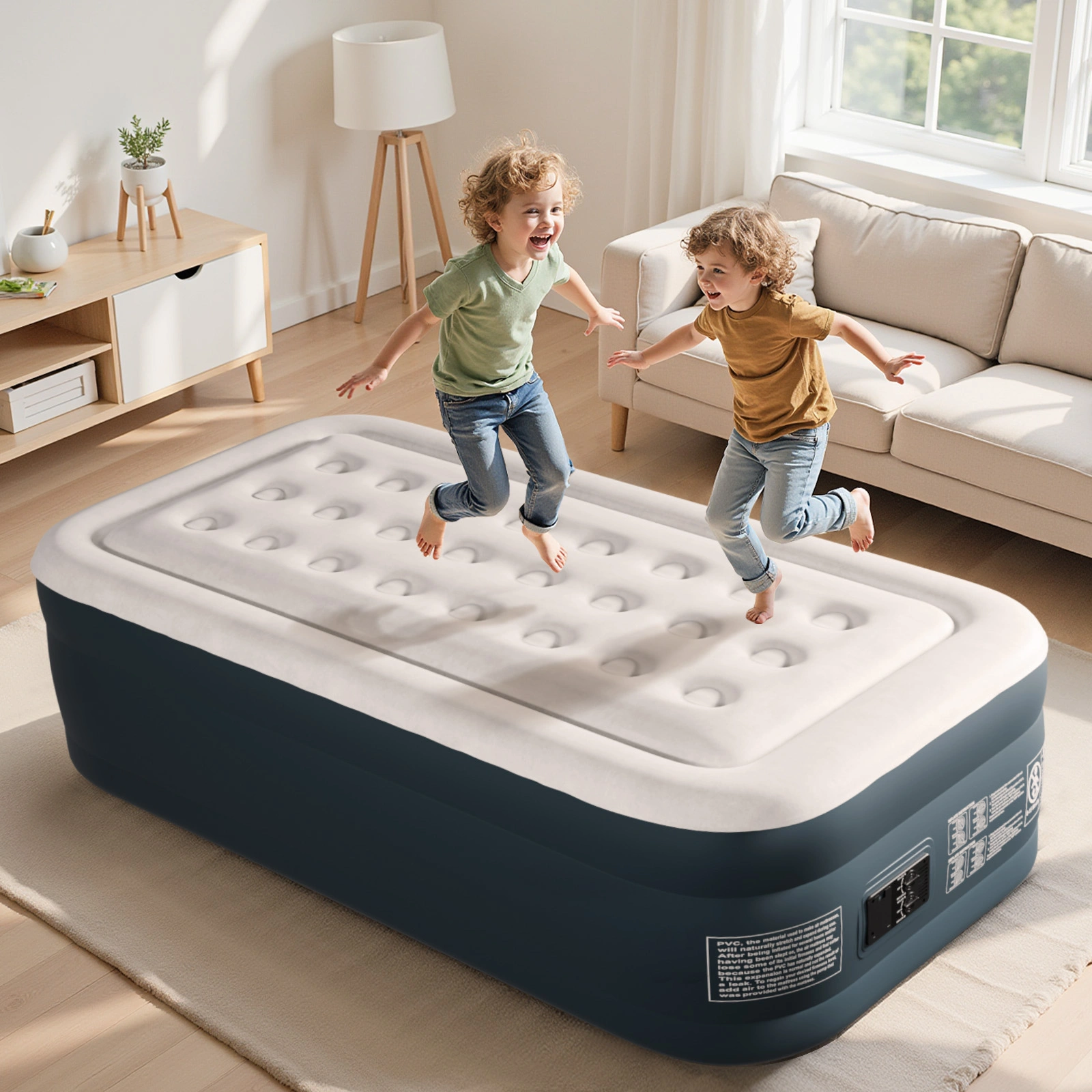 Twin Air Mattress with Built-in Pump, 18in Raised Comfort Blow up Mattress, Double Chamber Airbed, 2min Quick Inflation/Deflation Inflatable Mattress for Home Guests Camping, Gray & White view 22