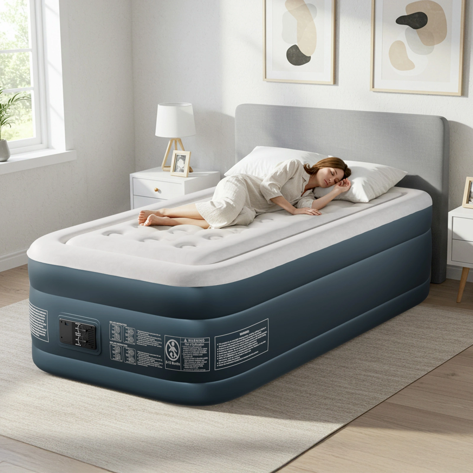 Twin Air Mattress with Built-in Pump, 18in Raised Comfort Blow up Mattress, Double Chamber Airbed, 2min Quick Inflation/Deflation Inflatable Mattress for Home Guests Camping, Gray & White view 23