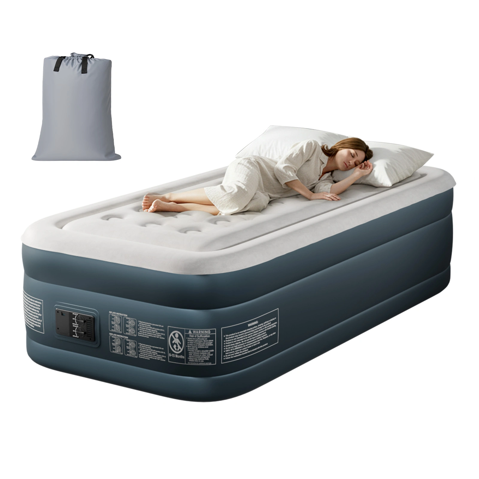 Twin Air Mattress with Built-in Pump, 18in Raised Comfort Blow up Mattress, Double Chamber Airbed, 2min Quick Inflation/Deflation Inflatable Mattress for Home Guests Camping, Gray & White view 6