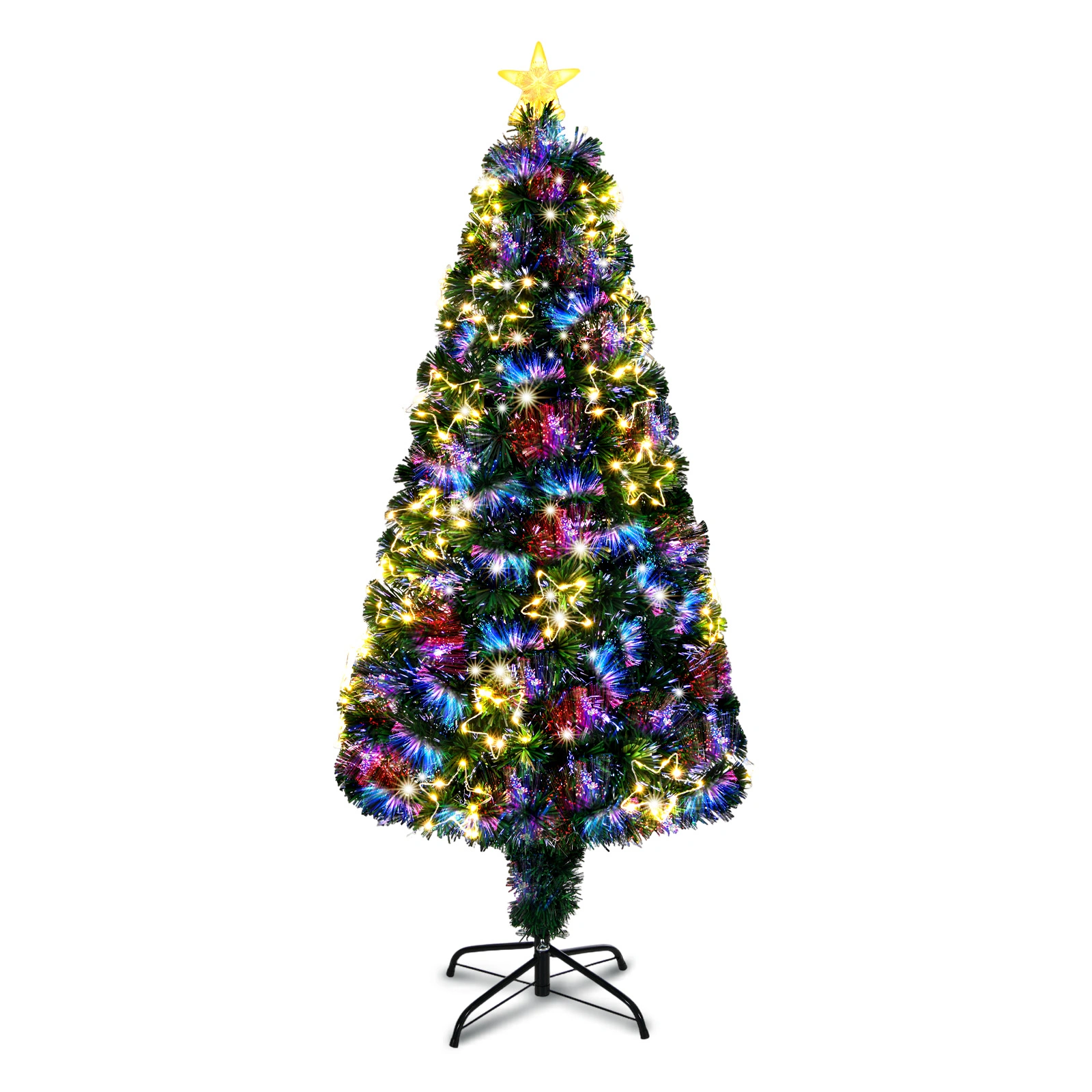 6 FT Pre-Lit Fiber Optic Christmas Tree, Artificial Xmas Tree with Lighted Star Topper & Ornaments, Multicolor LEDs, Green Home Office Party Decoration
