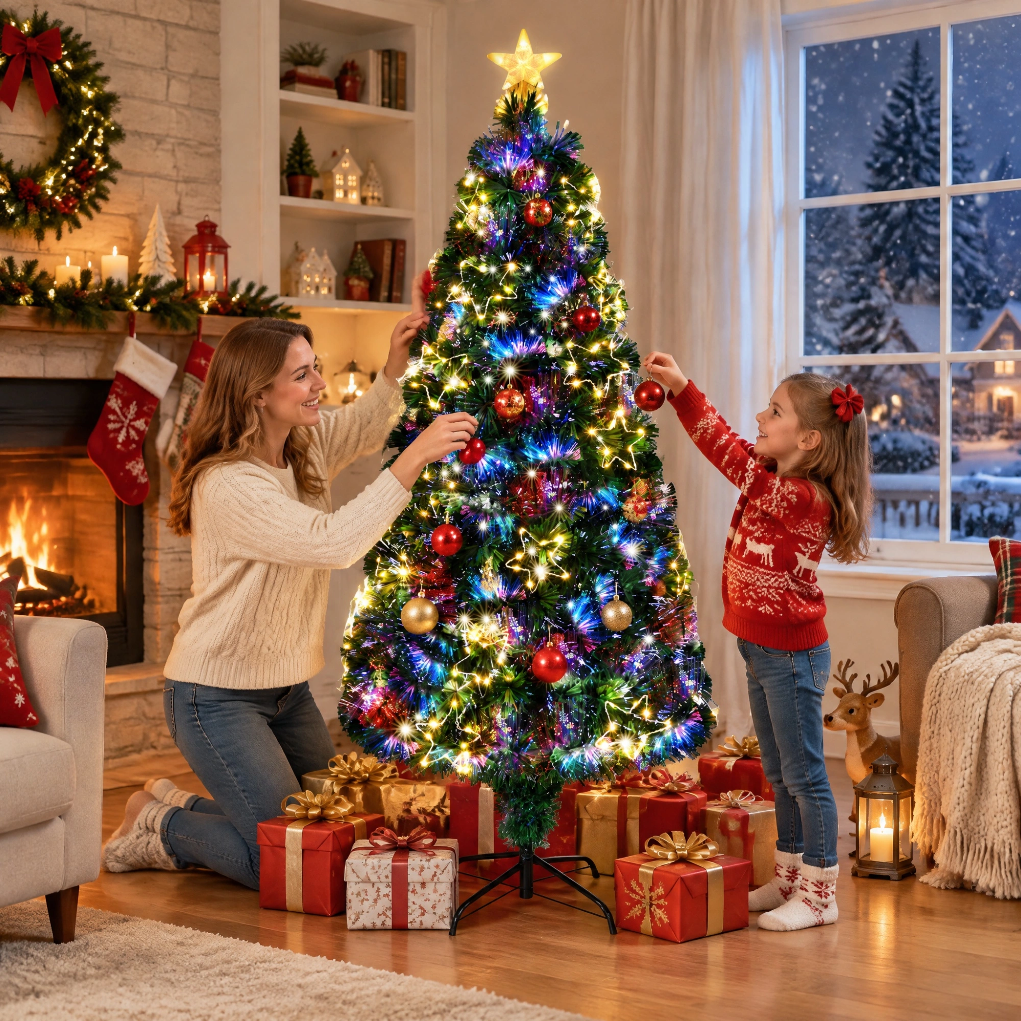 6 FT Pre-Lit Fiber Optic Christmas Tree, Artificial Xmas Tree with Lighted Star Topper & Ornaments, Multicolor LEDs, Green Home Office Party Decoration view 10