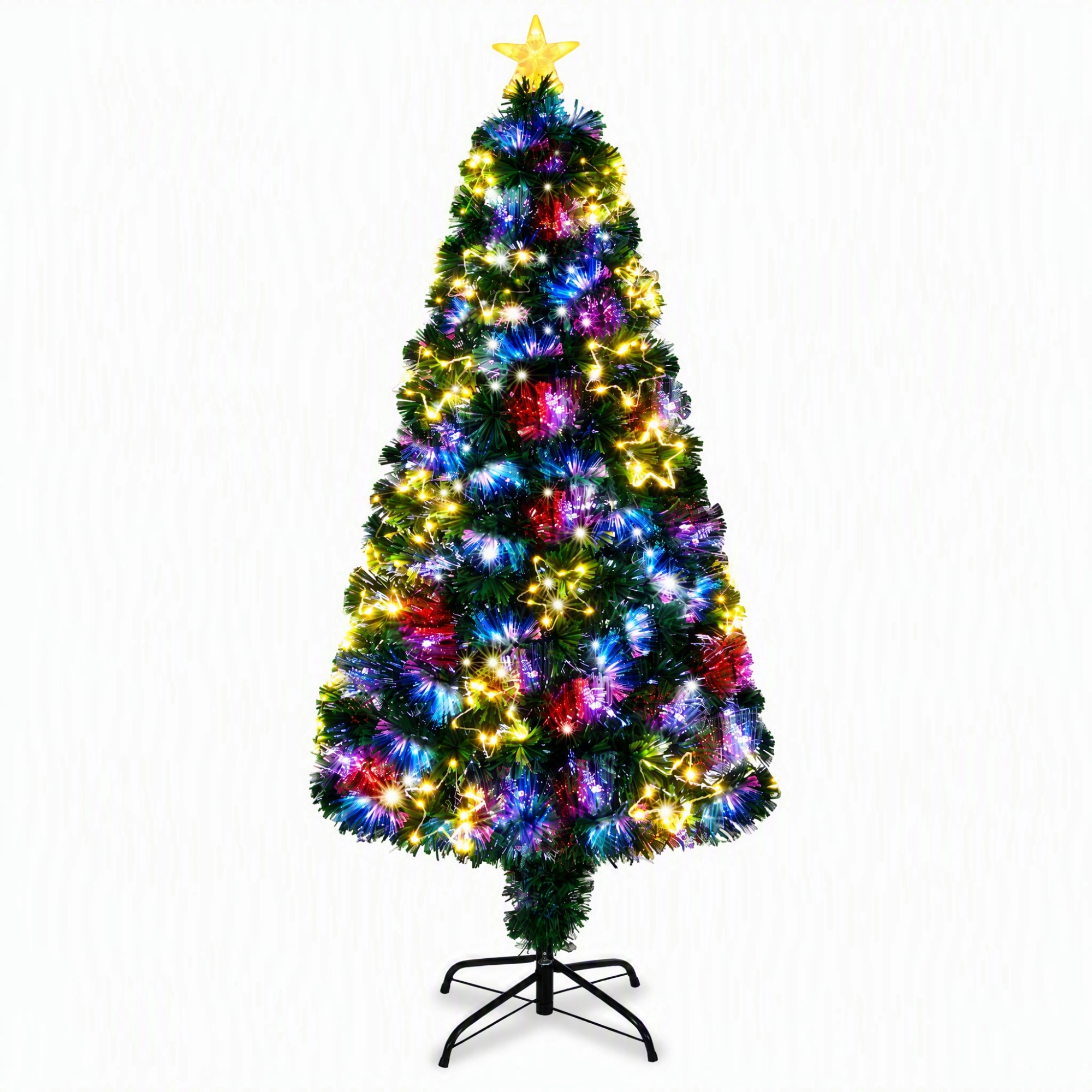 6 FT Pre-Lit Fiber Optic Christmas Tree, Artificial Xmas Tree with Lighted Star Topper & Ornaments, Multicolor LEDs, Green Home Office Party Decoration view 6