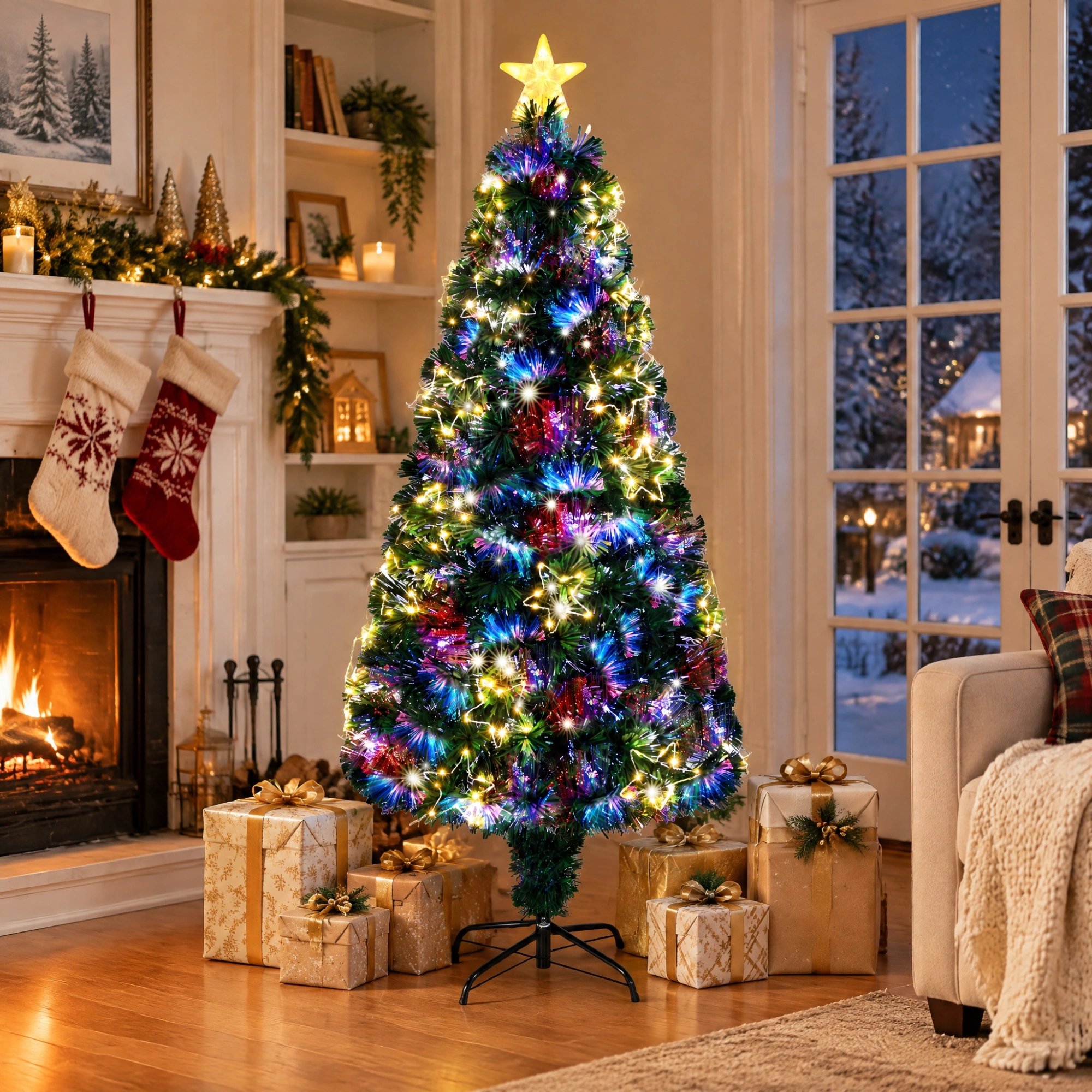 6 FT Pre-Lit Fiber Optic Christmas Tree, Artificial Xmas Tree with Lighted Star Topper & Ornaments, Multicolor LEDs, Green Home Office Party Decoration view 8