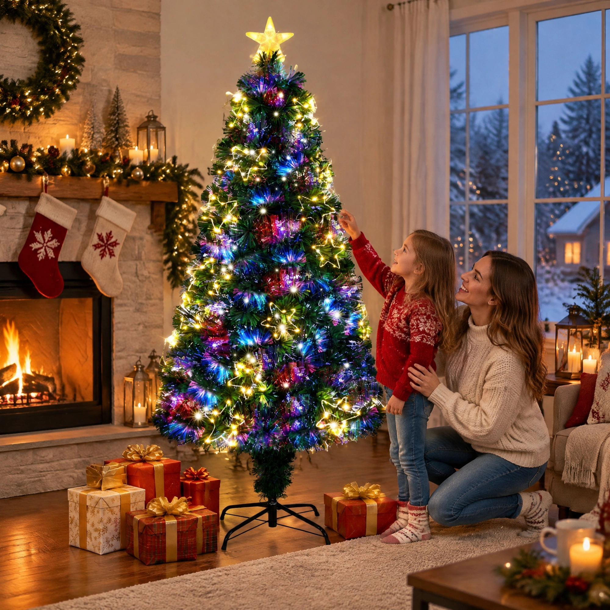 6 FT Pre-Lit Fiber Optic Christmas Tree, Artificial Xmas Tree with Lighted Star Topper & Ornaments, Multicolor LEDs, Green Home Office Party Decoration view 9