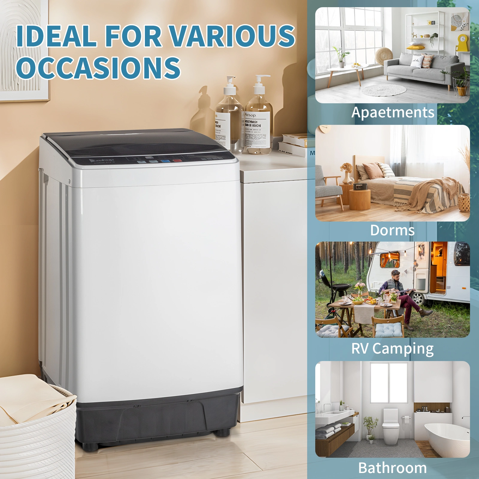 Full-Automatic Washing Machine Top Load Portable Compact Laundry Washer Spin with Drain Pump,10 programs 8 Water Level Selections with LED Display 17.8 Lbs Capacity, black view 11