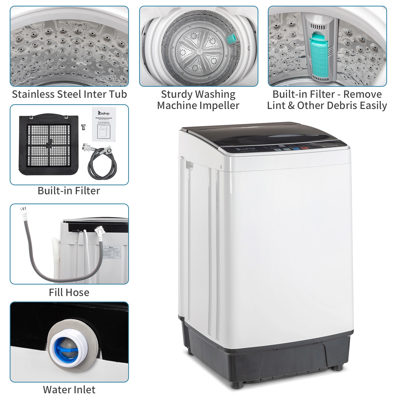 Full-Automatic Washing Machine Top Load Portable Compact Laundry Washer Spin with Drain Pump,10 programs 8 Water Level Selections with LED Display 17.8 Lbs Capacity, black view 12