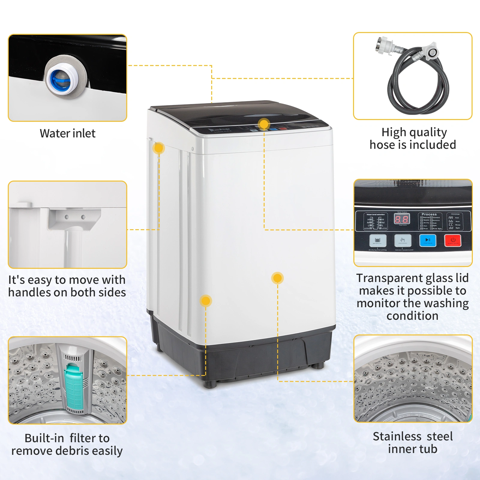 Full-Automatic Washing Machine Top Load Portable Compact Laundry Washer Spin with Drain Pump,10 programs 8 Water Level Selections with LED Display 17.8 Lbs Capacity, black view 13