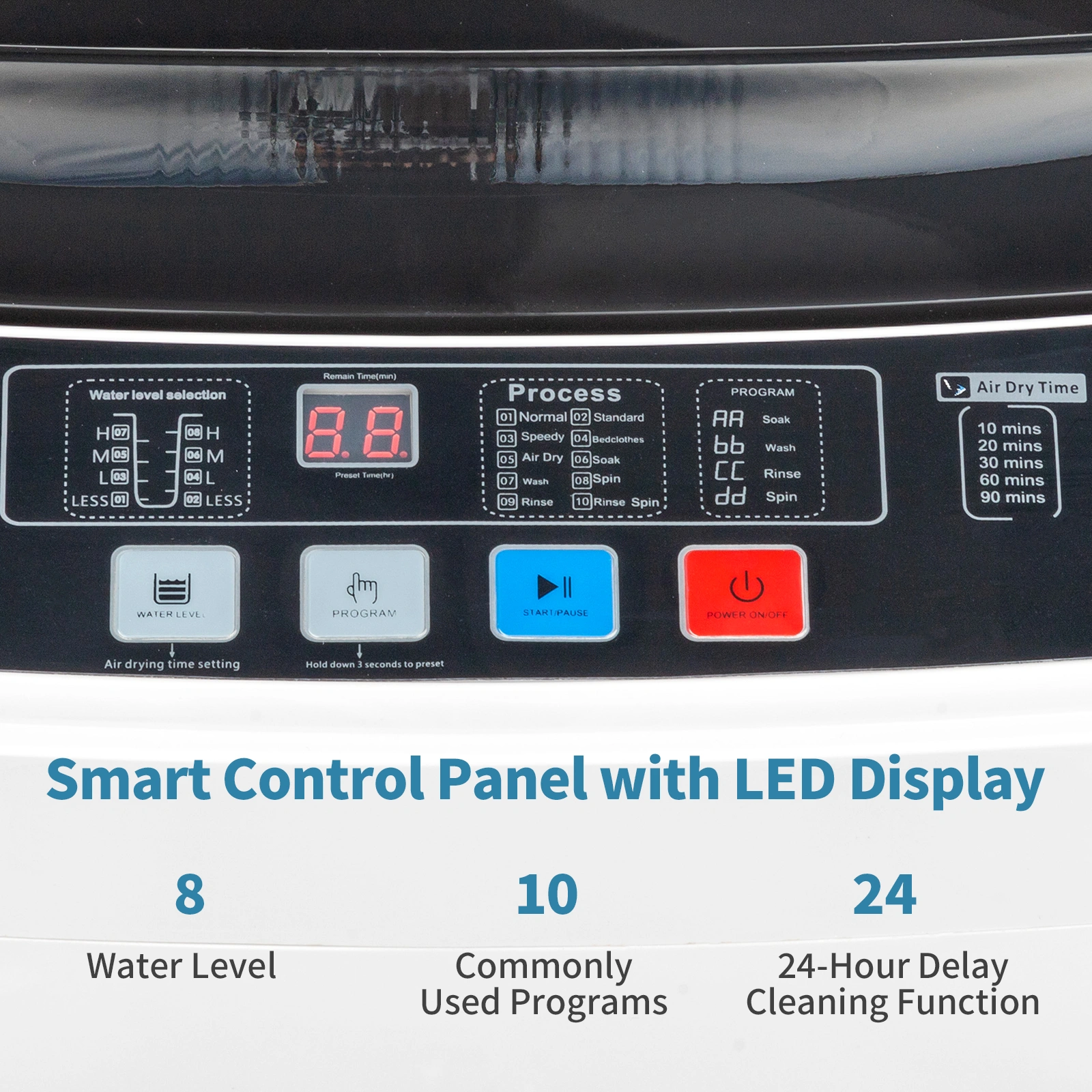 Full-Automatic Washing Machine Top Load Portable Compact Laundry Washer Spin with Drain Pump,10 programs 8 Water Level Selections with LED Display 17.8 Lbs Capacity, black view 22