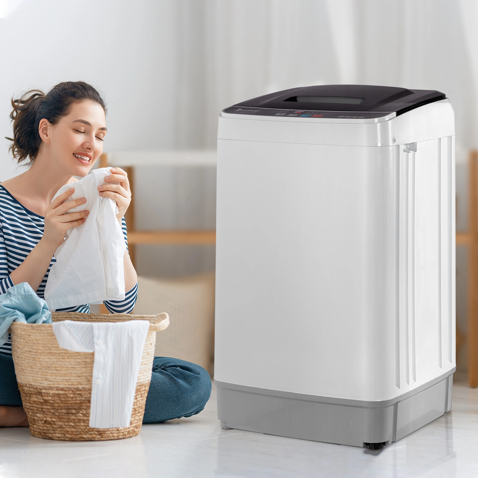 Full-Automatic Washing Machine Top Load Portable Compact Laundry Washer Spin with Drain Pump,10 programs 8 Water Level Selections with LED Display 17.8 Lbs Capacity, black view 24
