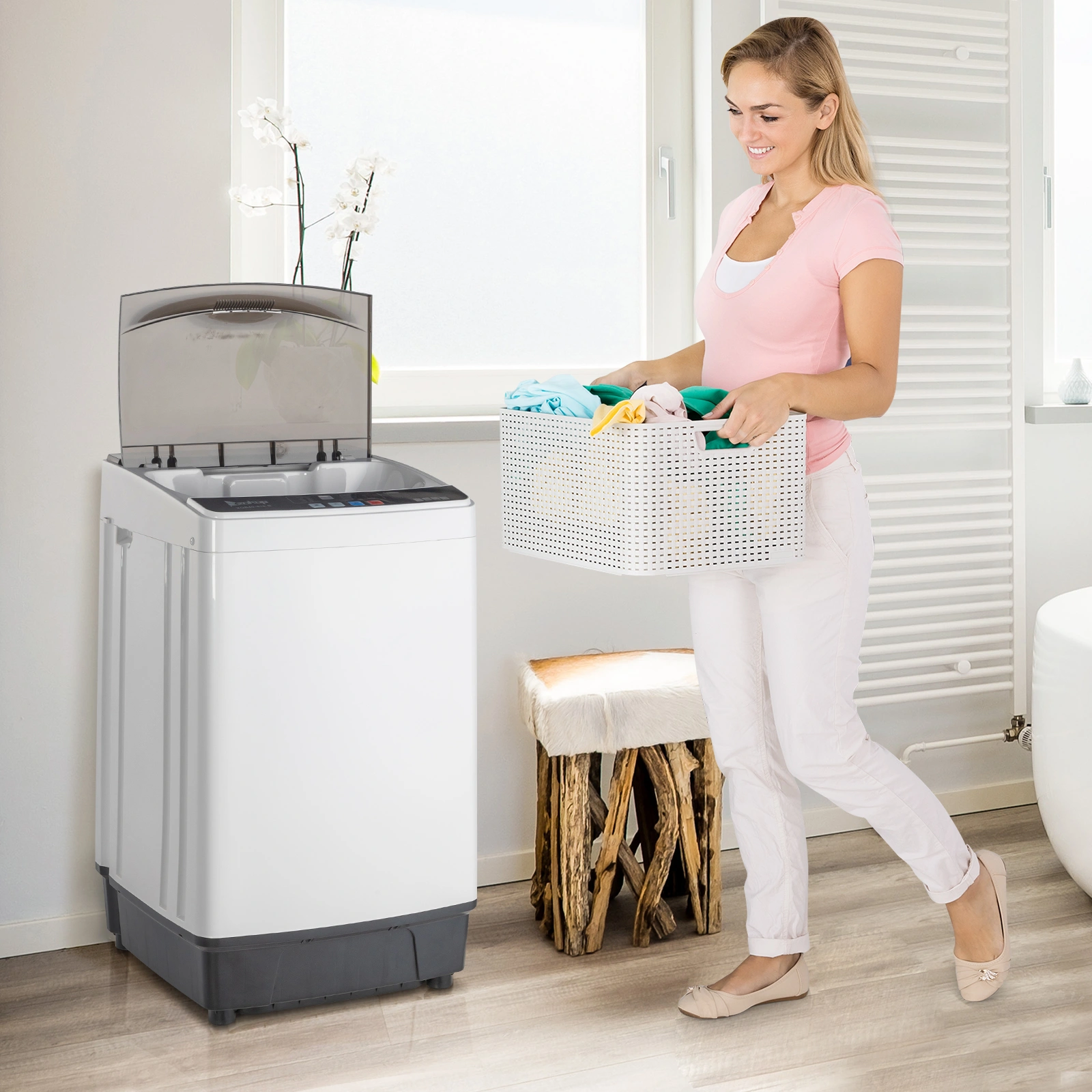 Full-Automatic Washing Machine Top Load Portable Compact Laundry Washer Spin with Drain Pump,10 programs 8 Water Level Selections with LED Display 17.8 Lbs Capacity, black view 30